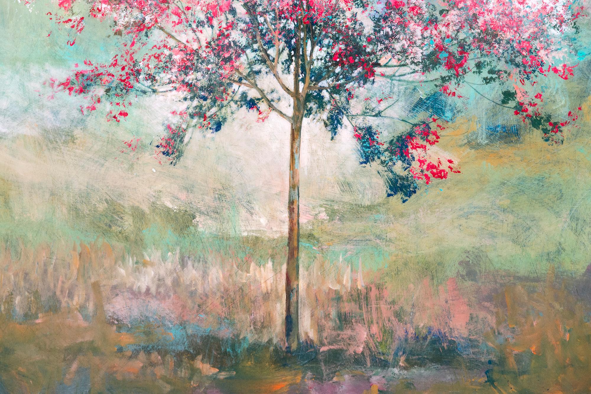 Questo paesaggio contemporaneo a tecnica mista con un albero è opera di Peter Hoffer.

In questo incantevole paesaggio, un singolo albero che risplende di fiori rosa è al centro della tela. L'albero è circondato da un cielo blu/bianco e da un arazzo