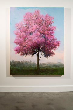 Spring May - large, pink, blue, impressionist, acrylic and resin on panel