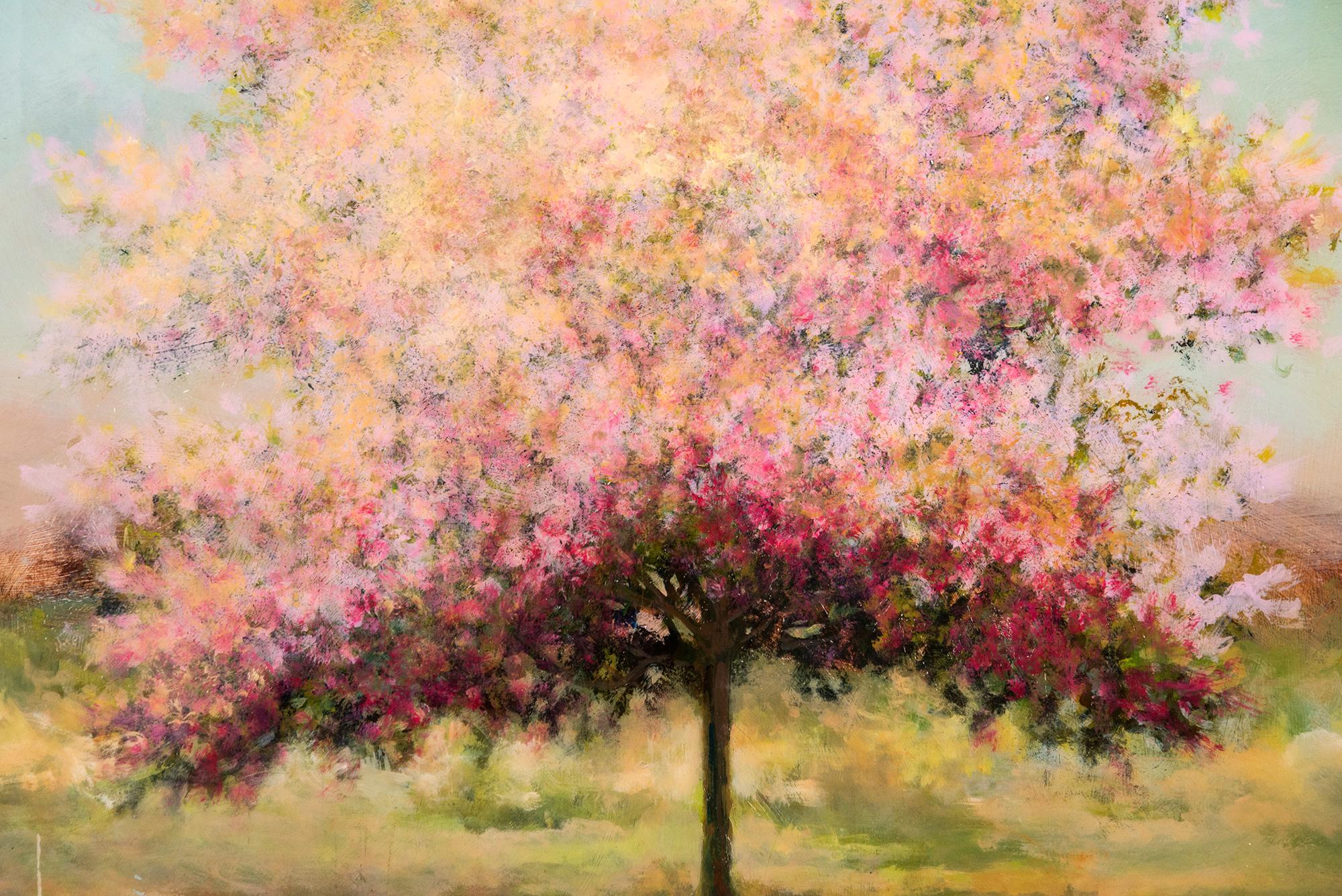 Questo quadro di paesaggio contemporaneo raffigurante un albero è stato realizzato da Peter Hoffer.

L'artista canadese Peter Hoffer cattura la gloria di un albero di mele in primavera in questa opera a tecnica mista su pannello dai colori vivaci.
