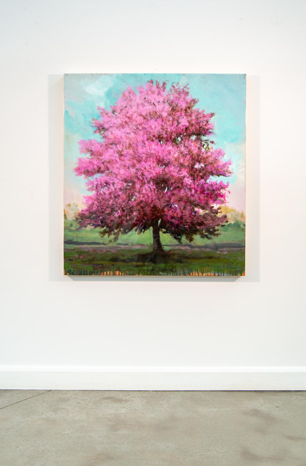 The bright pink of spring apple blossoms set against a turquoise blue sky and fields of green is captured in this lovely landscape by Peter Hoffer. He has created an entire series of tree portraits. Each one expresses their individual shape and
