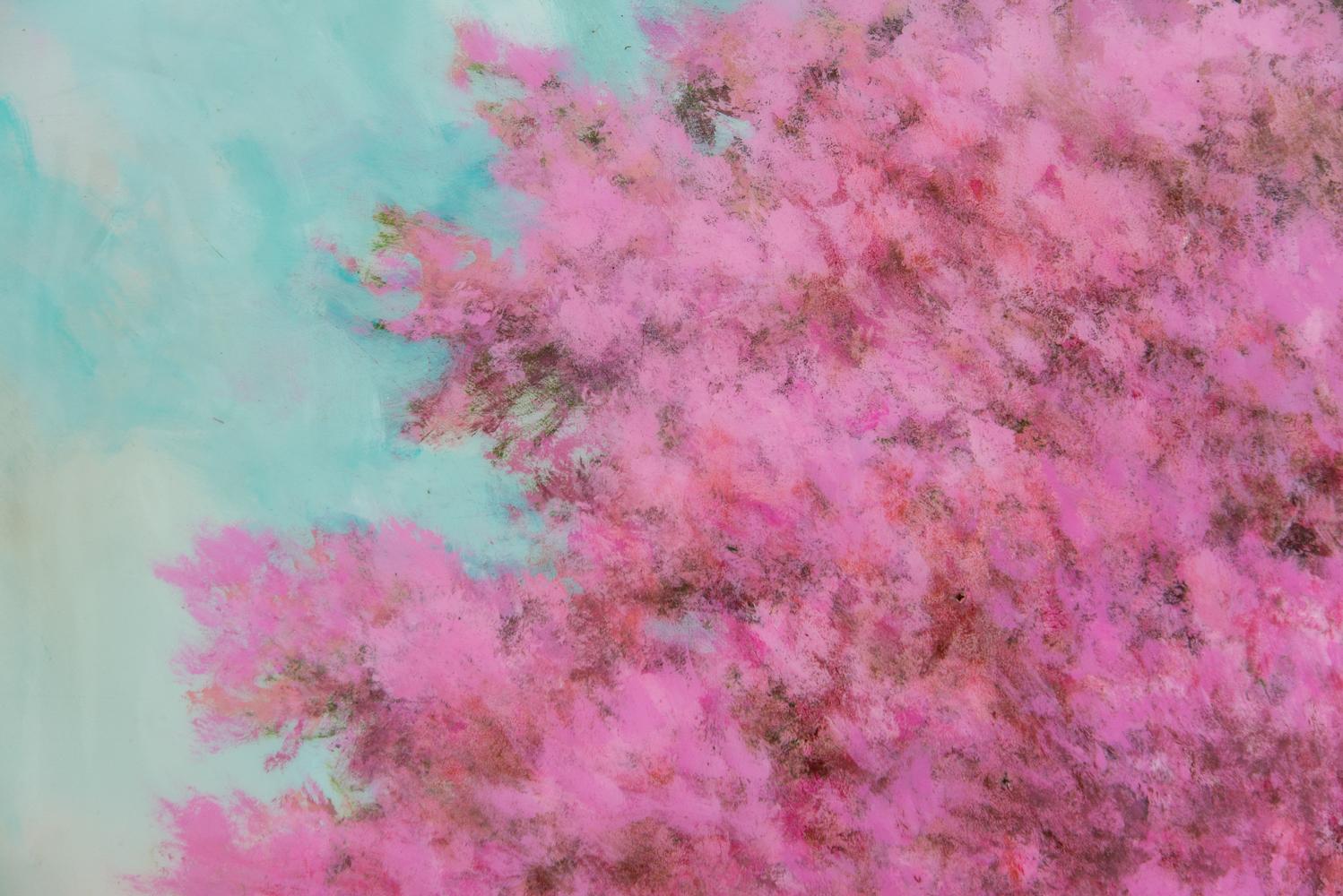 Printemps Pomme - large, pink, blue, impressionist, acrylic and resin on panel 1