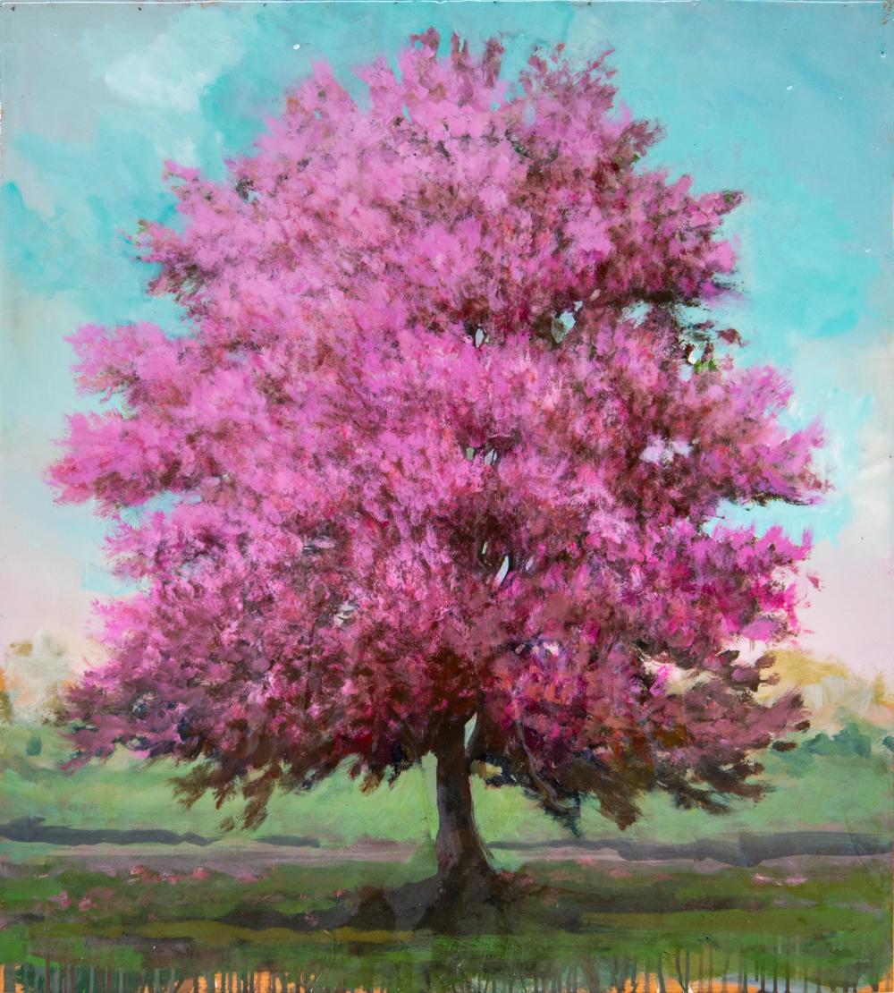 Printemps Pomme - large, pink, blue, impressionist, acrylic and resin on panel - Painting by Peter Hoffer