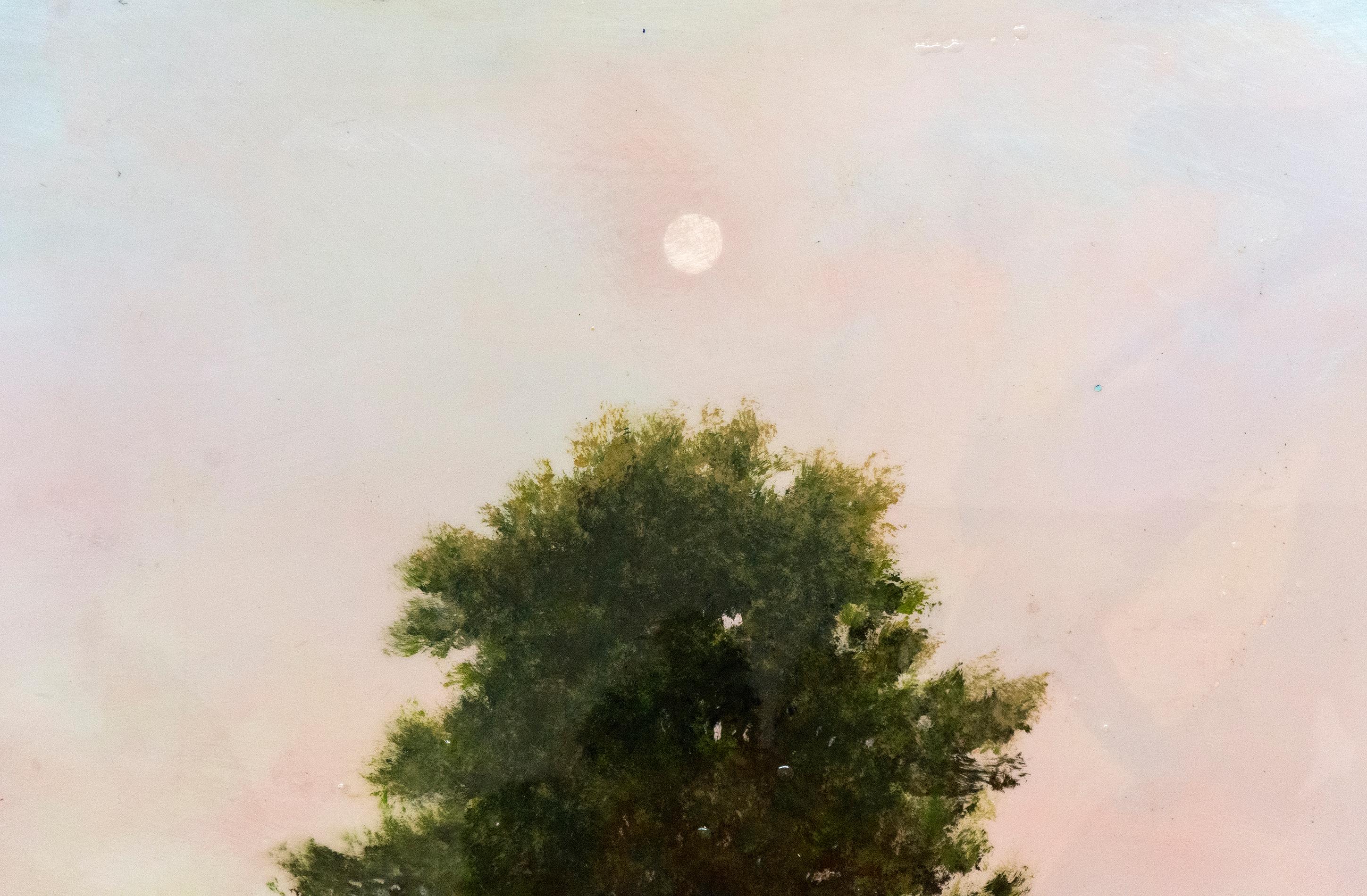 Solstice - green, pink, blue, trees, landscape, acrylic, oil and resin on panel - Beige Landscape Painting by Peter Hoffer