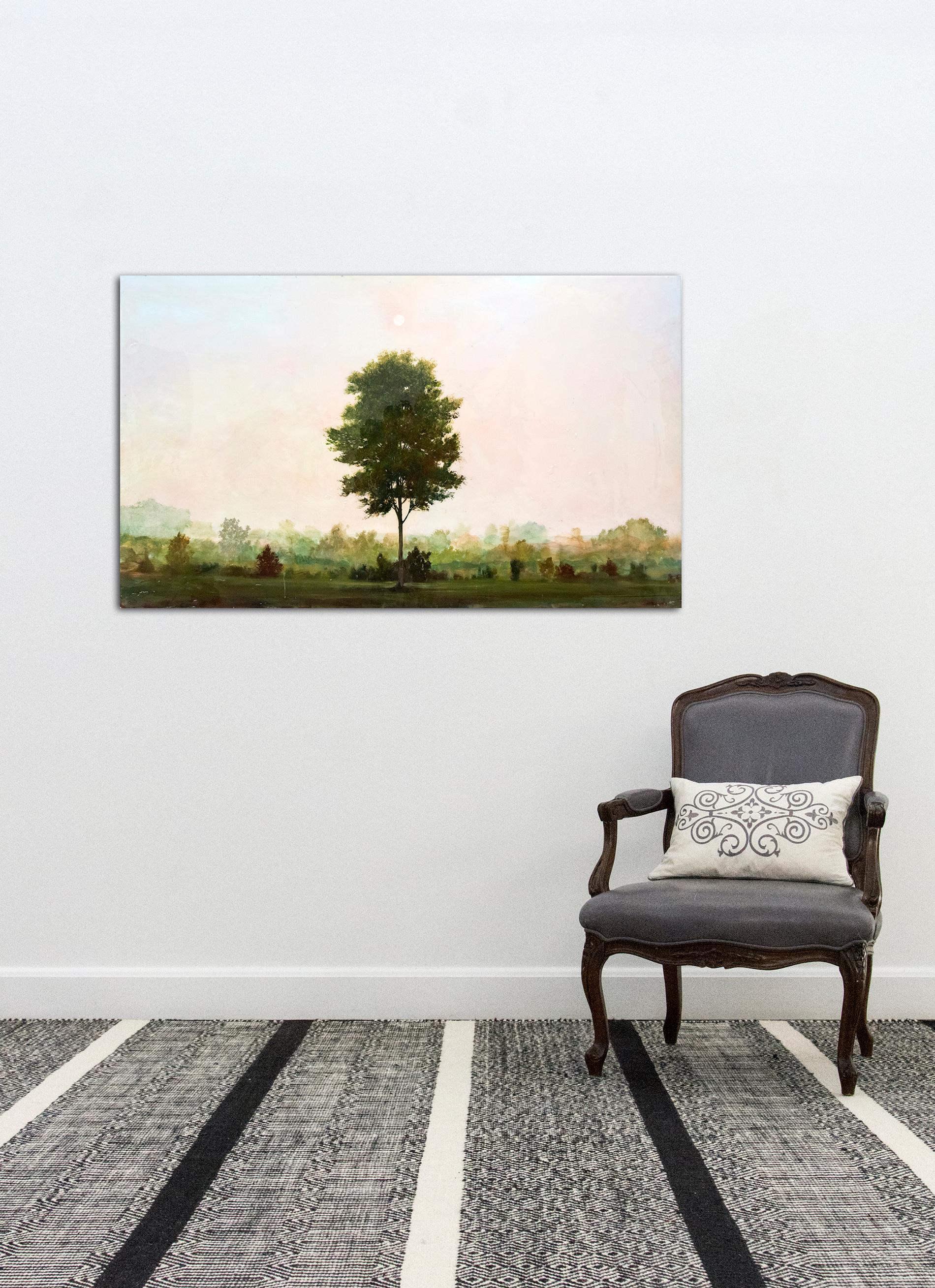 A lone tree below a distant moon is framed by mauve, amber and cerulean in this atmospheric landscape Peter Hoffer. The artist's skilled rendering reminiscent of the landscapes of Lorraine or Constable is finished with a layer of resin, a practice