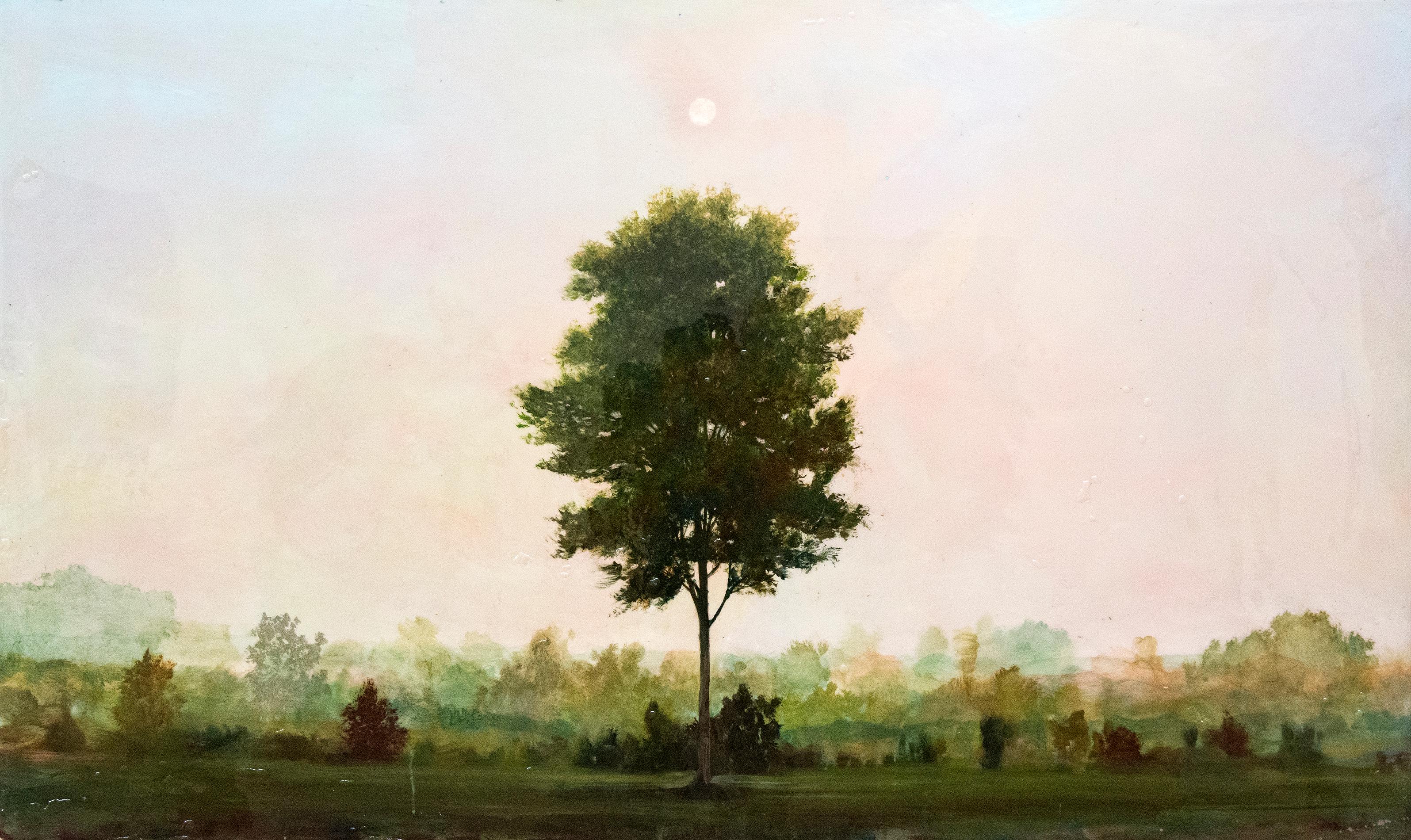 Peter Hoffer Landscape Painting - Solstice - green, pink, blue, trees, landscape, acrylic, oil and resin on panel