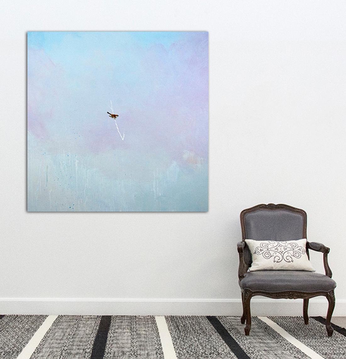 Sparrow - soft, blue, lilac, bird, acrylic and clay pigment on canvas - Purple Animal Painting by Peter Hoffer