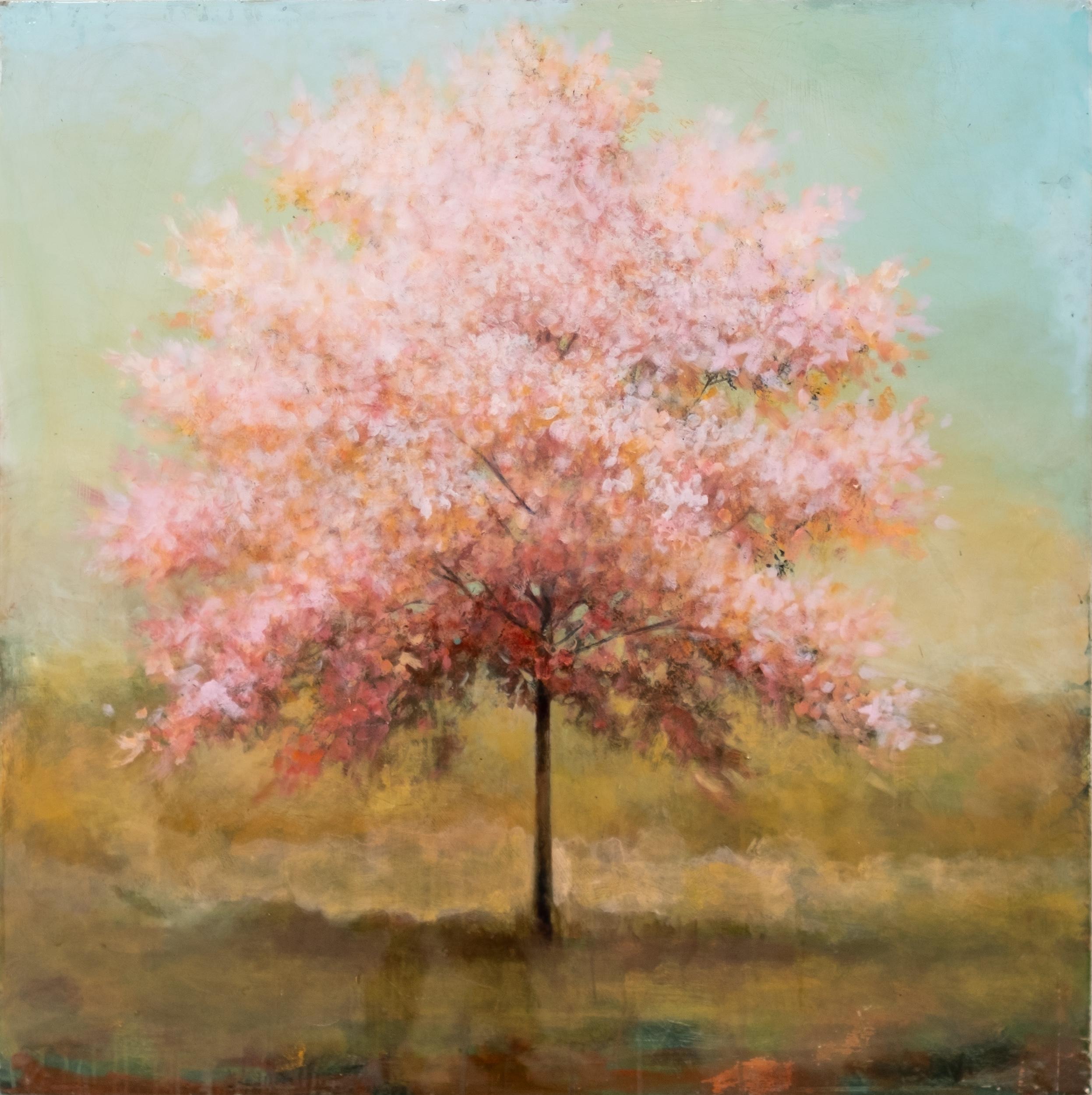 Temple - contemporaneo, paesaggio, albero, figurativo, acrilico e resina su pannello