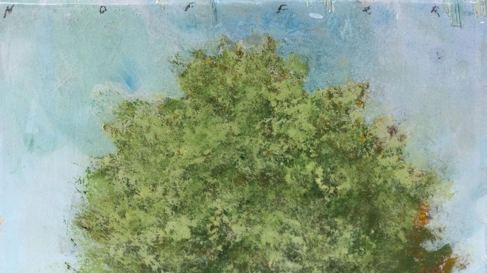 Tree Portrait 20202 - small, green, blue, figurative, acrylic on panel series - Painting by Peter Hoffer