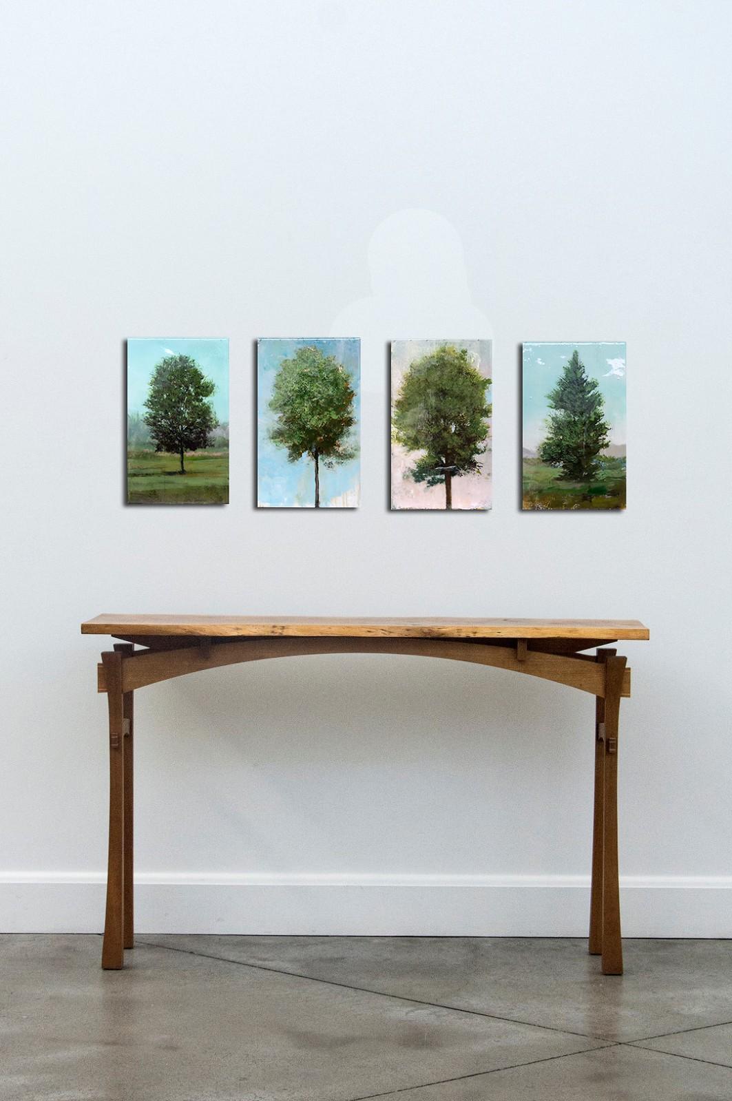 Baumporträt 20202 – kleine, grüne, blaue, figurative Serie aus Acryl auf Tafel im Angebot 1