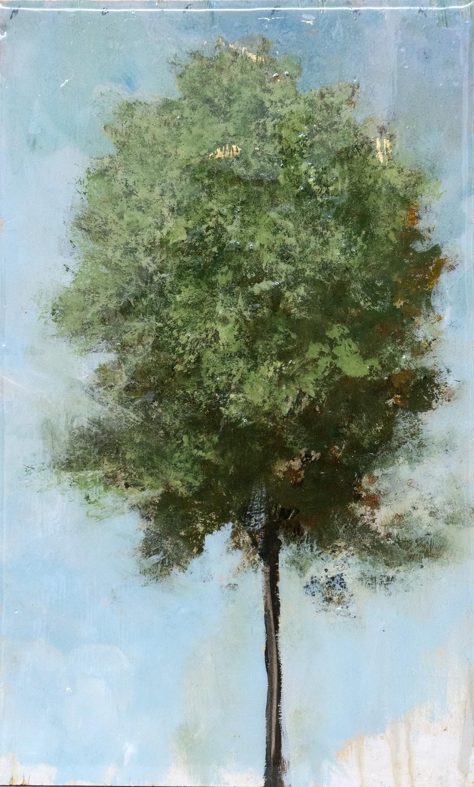 Peter Hoffer Still-Life Painting – Baumporträt 20202 – kleine, grüne, blaue, figurative Serie aus Acryl auf Tafel