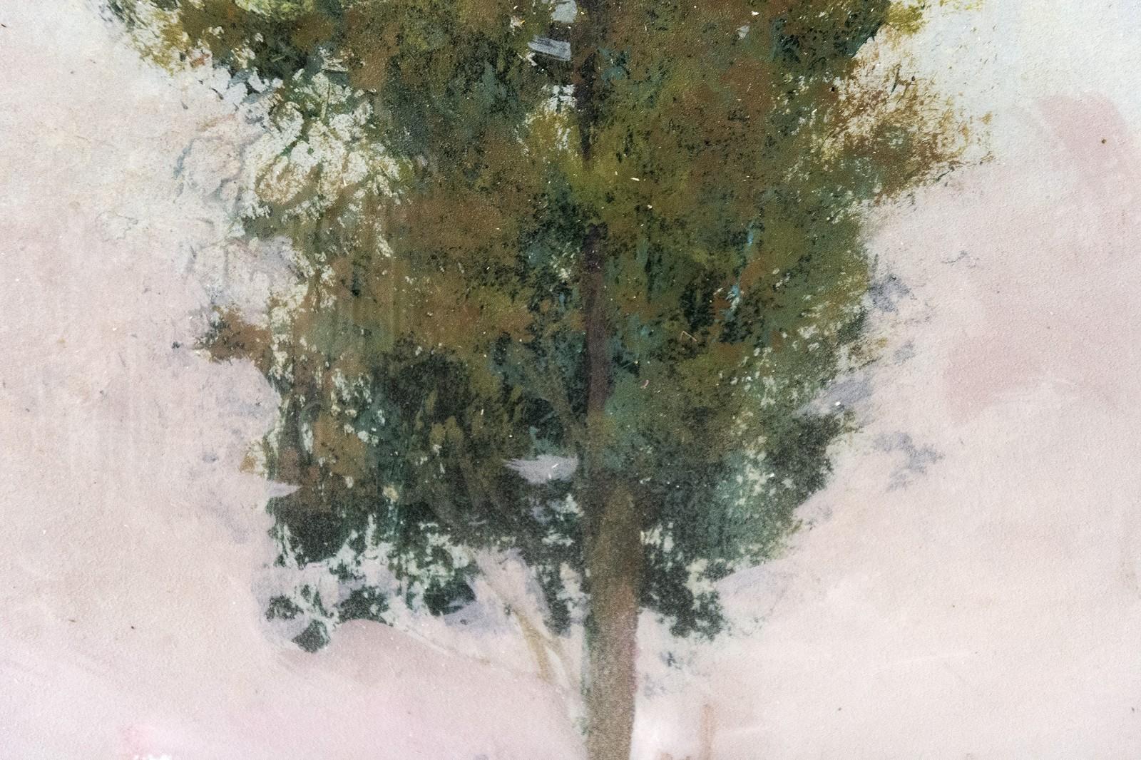 Tree Portrait 20205 - small, green, pink, figurative, acrylic on panel series - Painting by Peter Hoffer