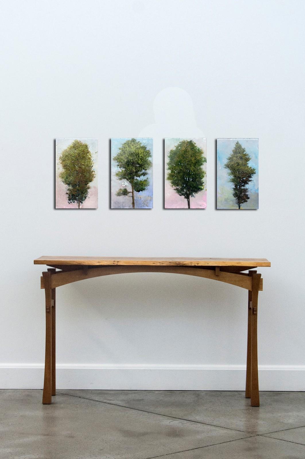 Baumporträt 20205 - klein, grün, rosa, figurativ, Acryl auf Platte Serie im Angebot 1