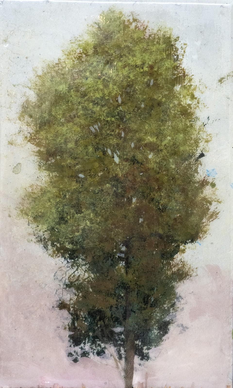 Peter Hoffer Still-Life Painting – Baumporträt 20205 - klein, grün, rosa, figurativ, Acryl auf Platte Serie