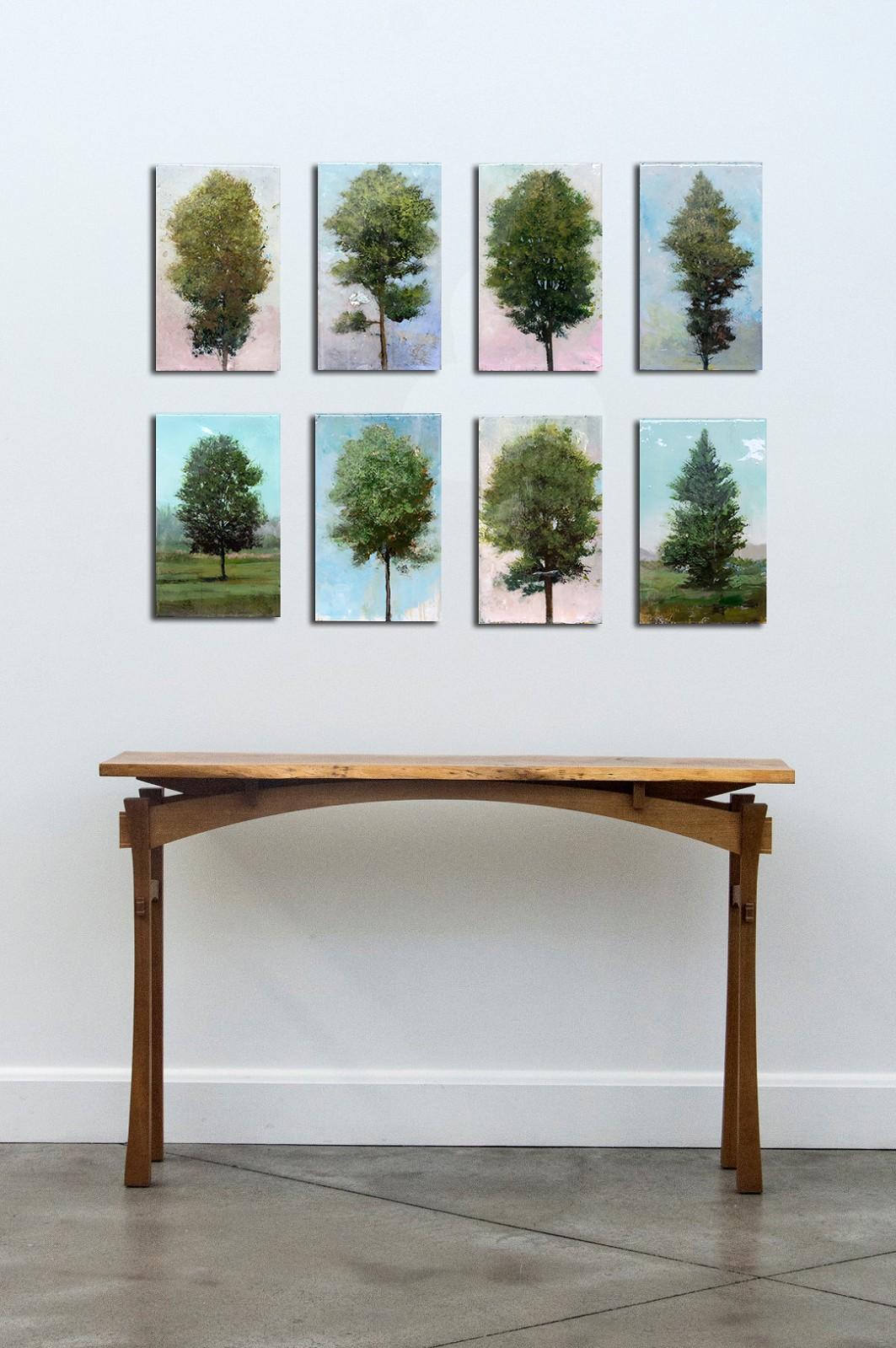 Baumporträt 20207 - klein, grün, rosa, figurativ, Acryl auf Platte Serie im Angebot 1