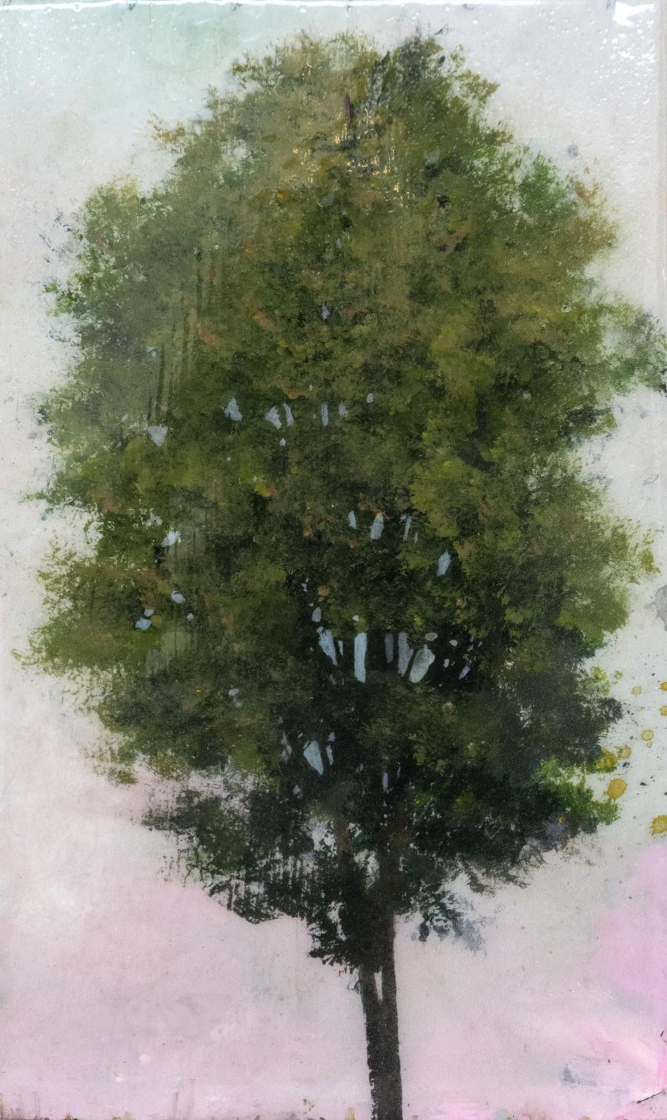 Portrait d'arbre 20207 - petit, vert, rose, figuratif, acrylique sur panneau