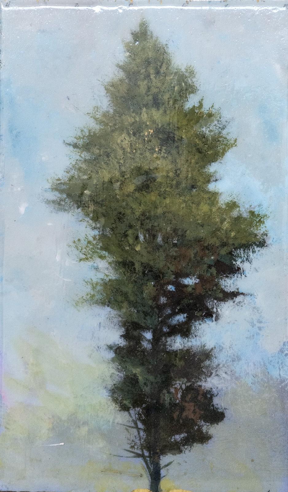 Portrait d'arbre 20208 - petite série, vert, bleu, figuratif, acrylique sur panneau