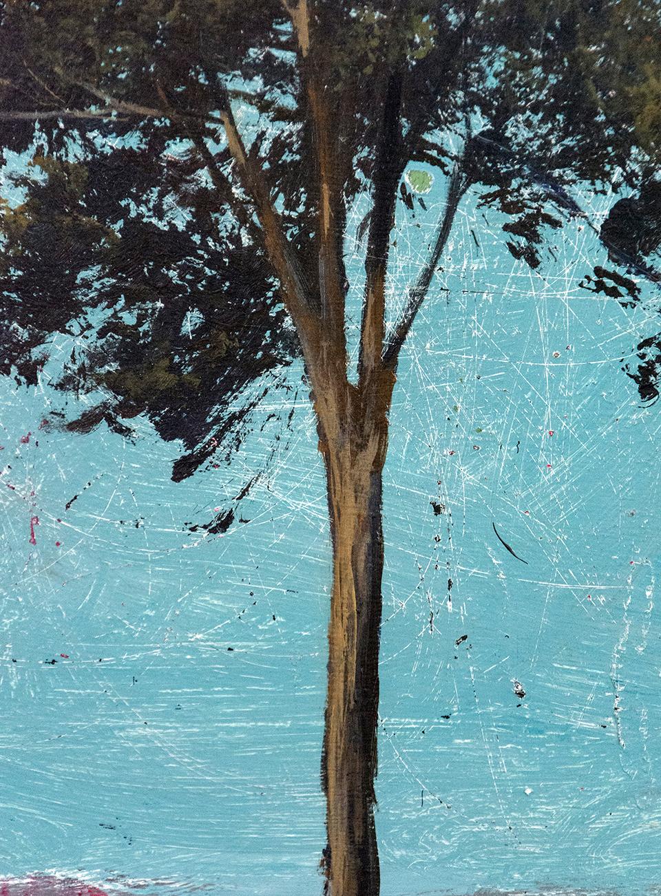 Tree With Aqua - Gray Landscape Painting by Peter Hoffer