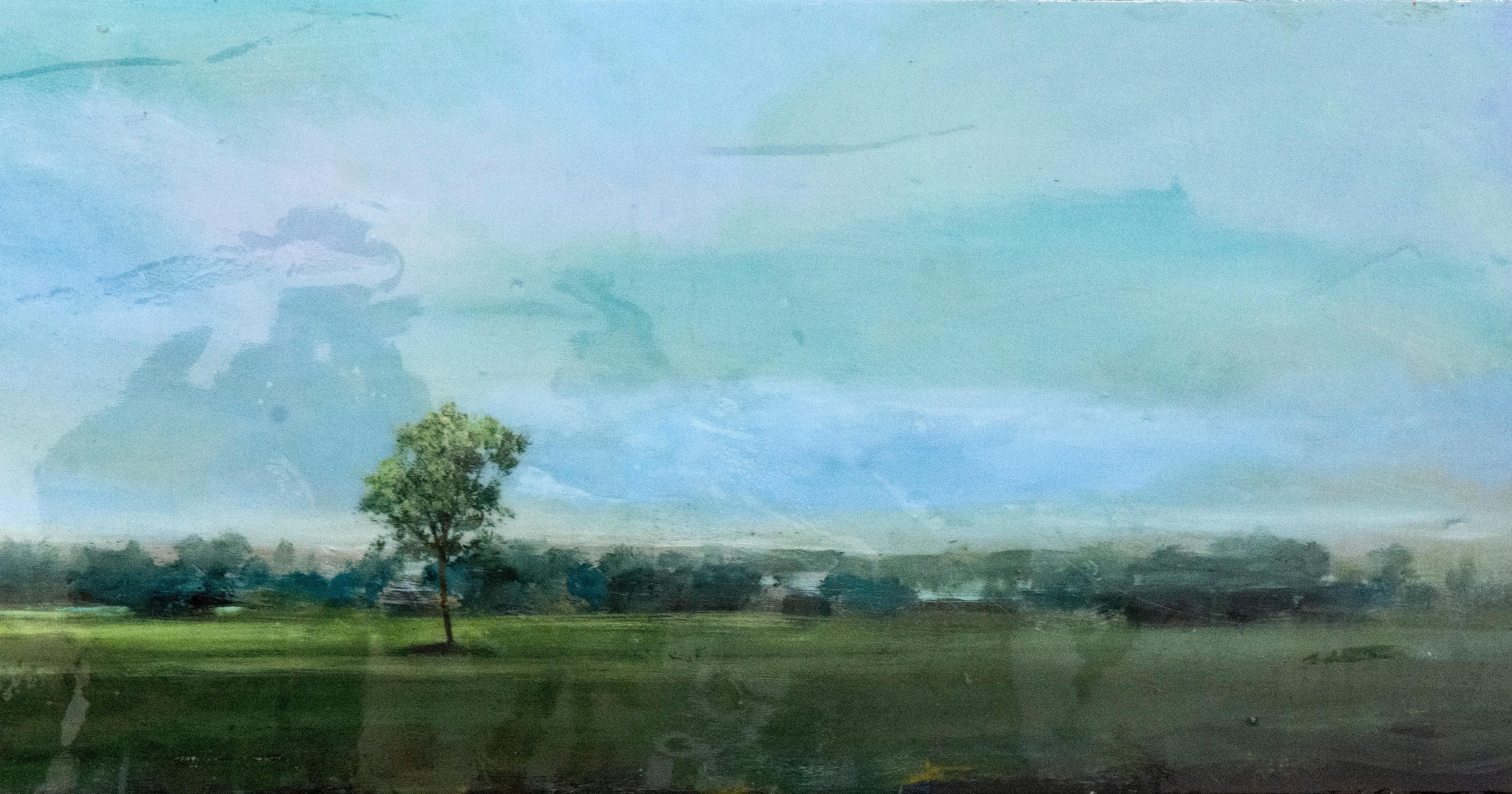 Vice and Virtue - Grüne, blaue, horizontale Landschaft, Acryl und Harz auf Tafel (Blau), Landscape Painting, von Peter Hoffer