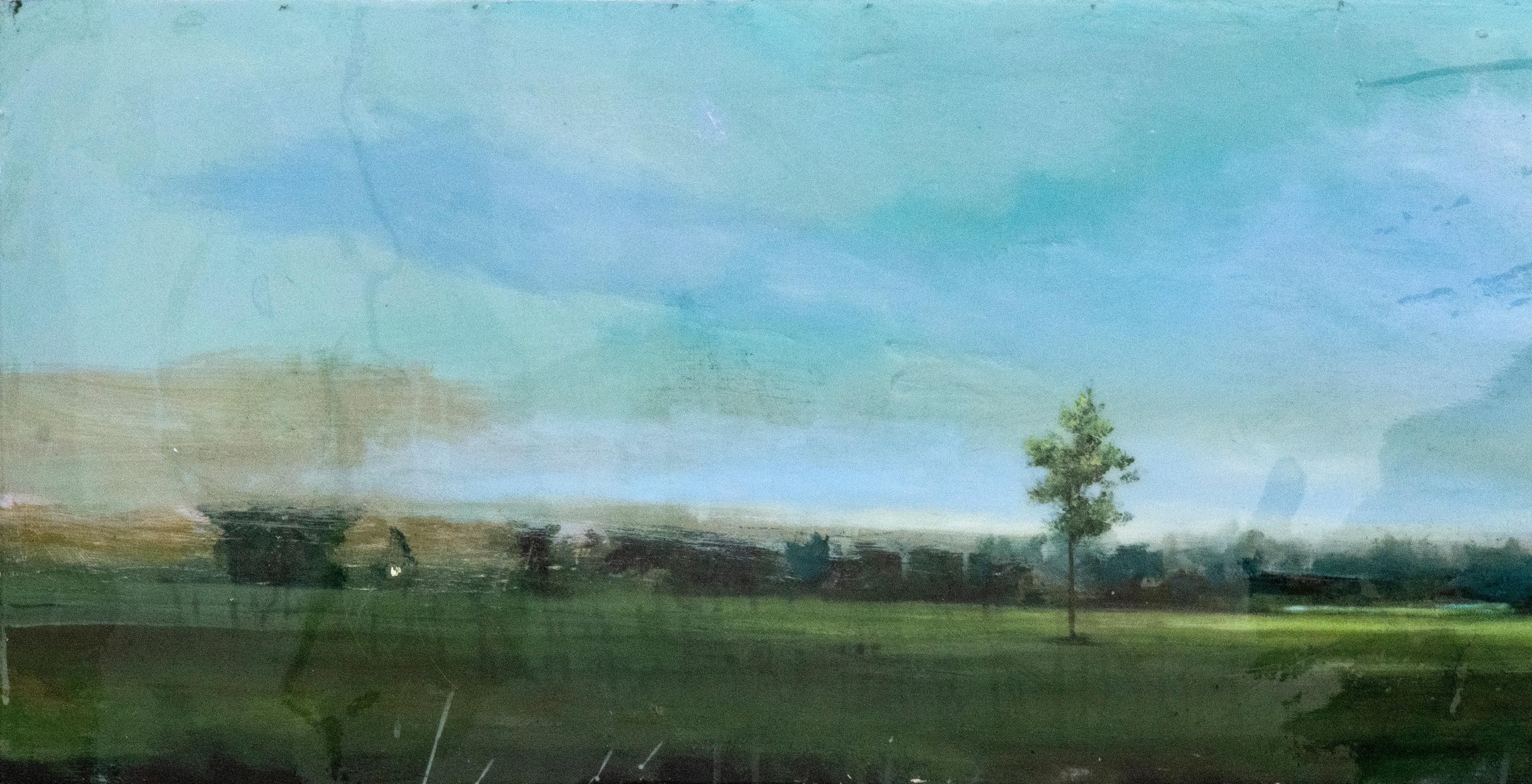 Vice and Virtue - green, blue, horizontal landscape, acrylic and resin on panel - Blue Landscape Painting by Peter Hoffer