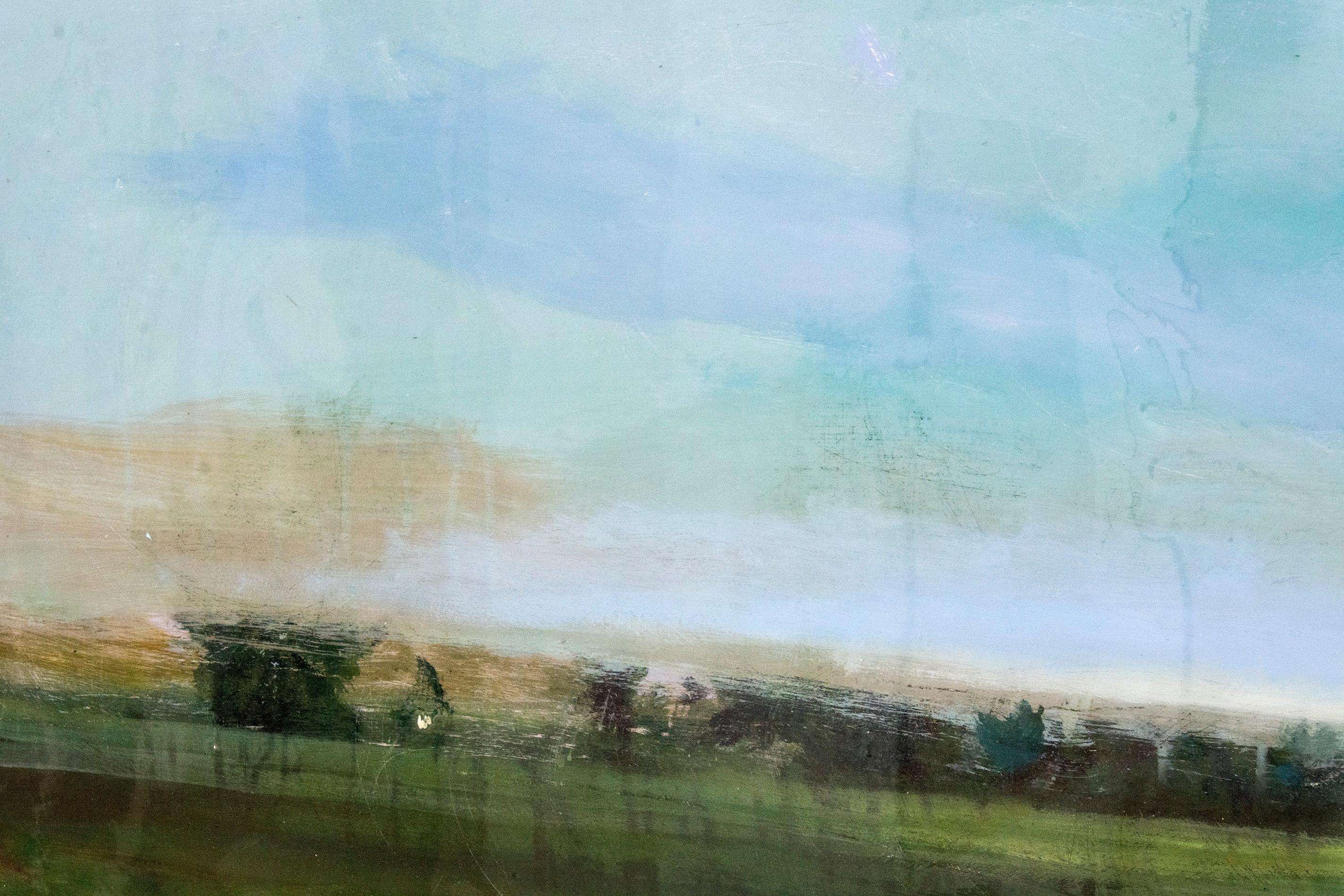 Vice and Virtue - green, blue, horizontal landscape, acrylic and resin on panel For Sale 1