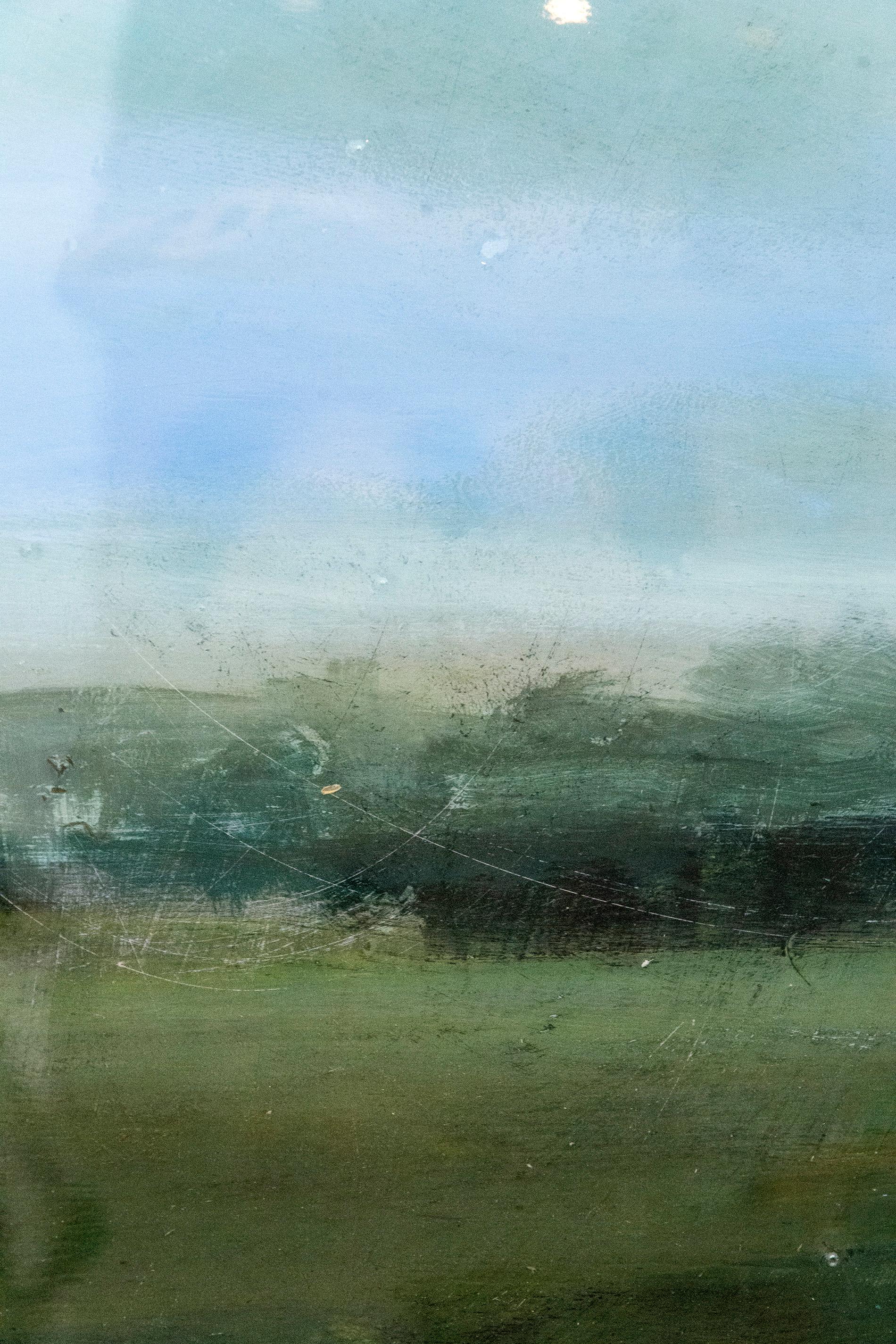Vice and Virtue - green, blue, horizontal landscape, acrylic and resin on panel For Sale 2