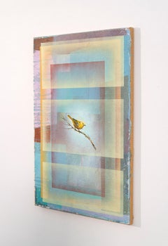 Yellow Finch - contemporary, figurative, bird, clay and pigment on jute