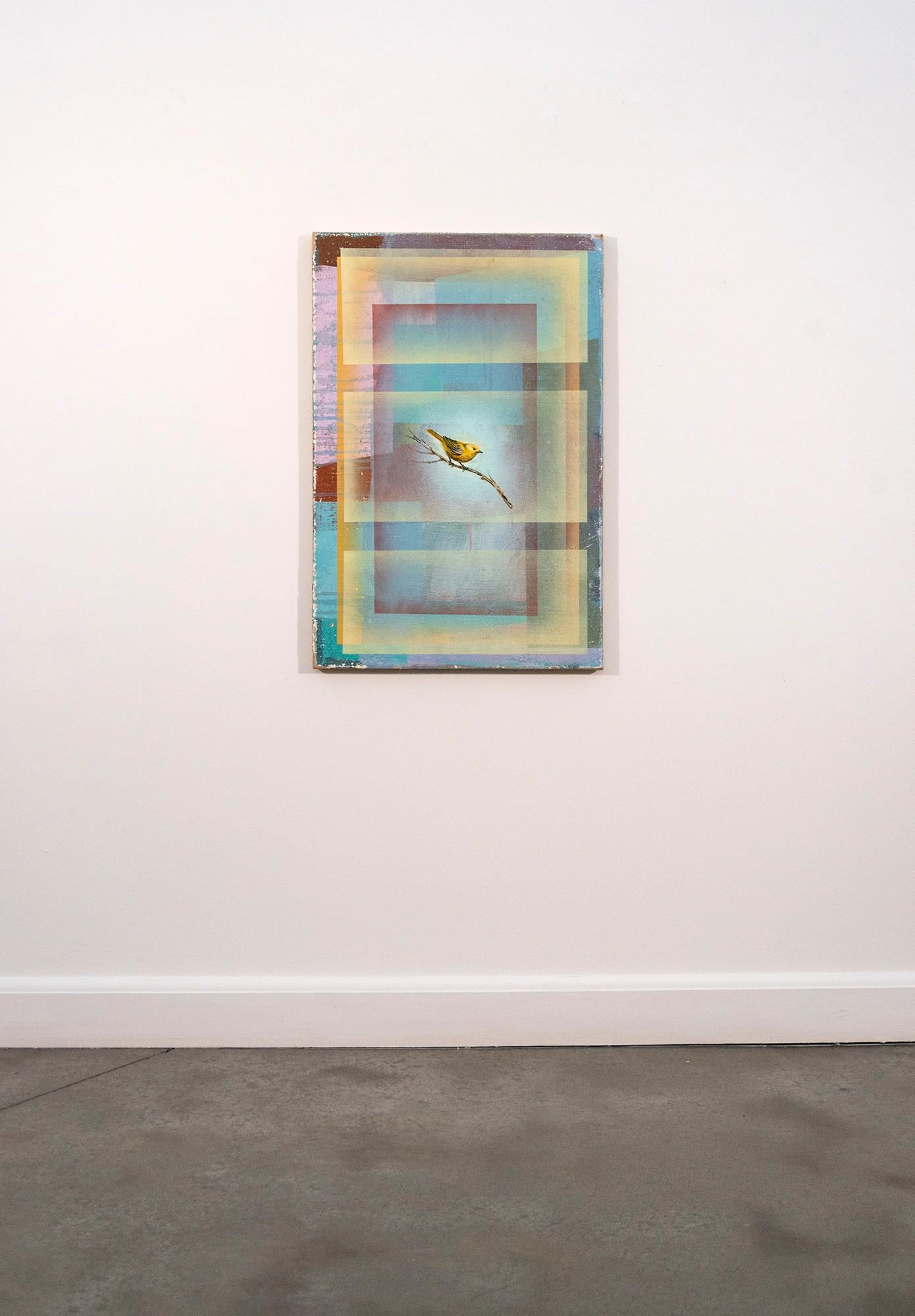 Fringuello giallo - contemporaneo, figurativo, uccello, argilla e pigmento su juta - Figurative Painting Grigio di Peter Hoffer