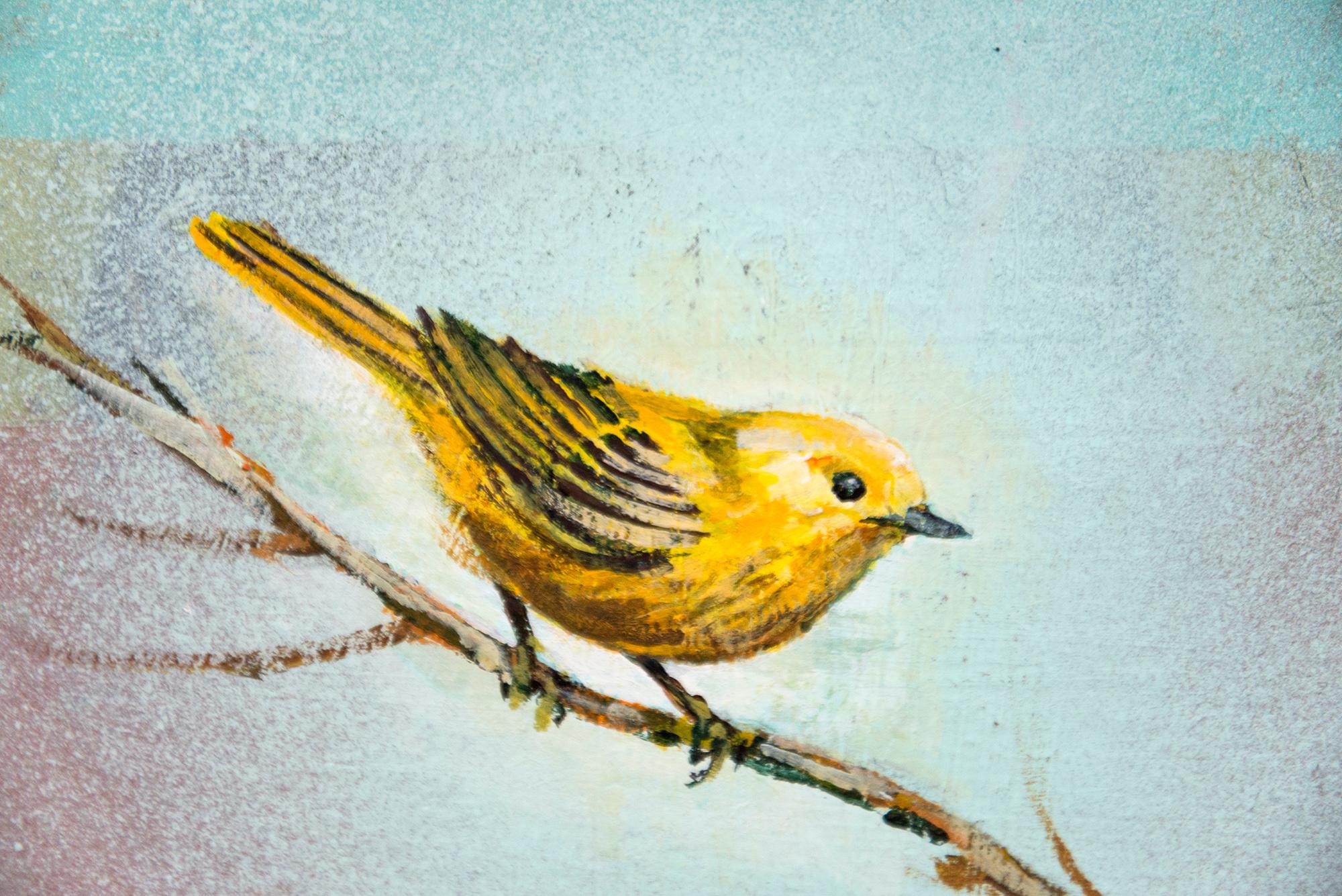 Fringuello giallo - contemporaneo, figurativo, uccello, argilla e pigmento su juta in vendita 3