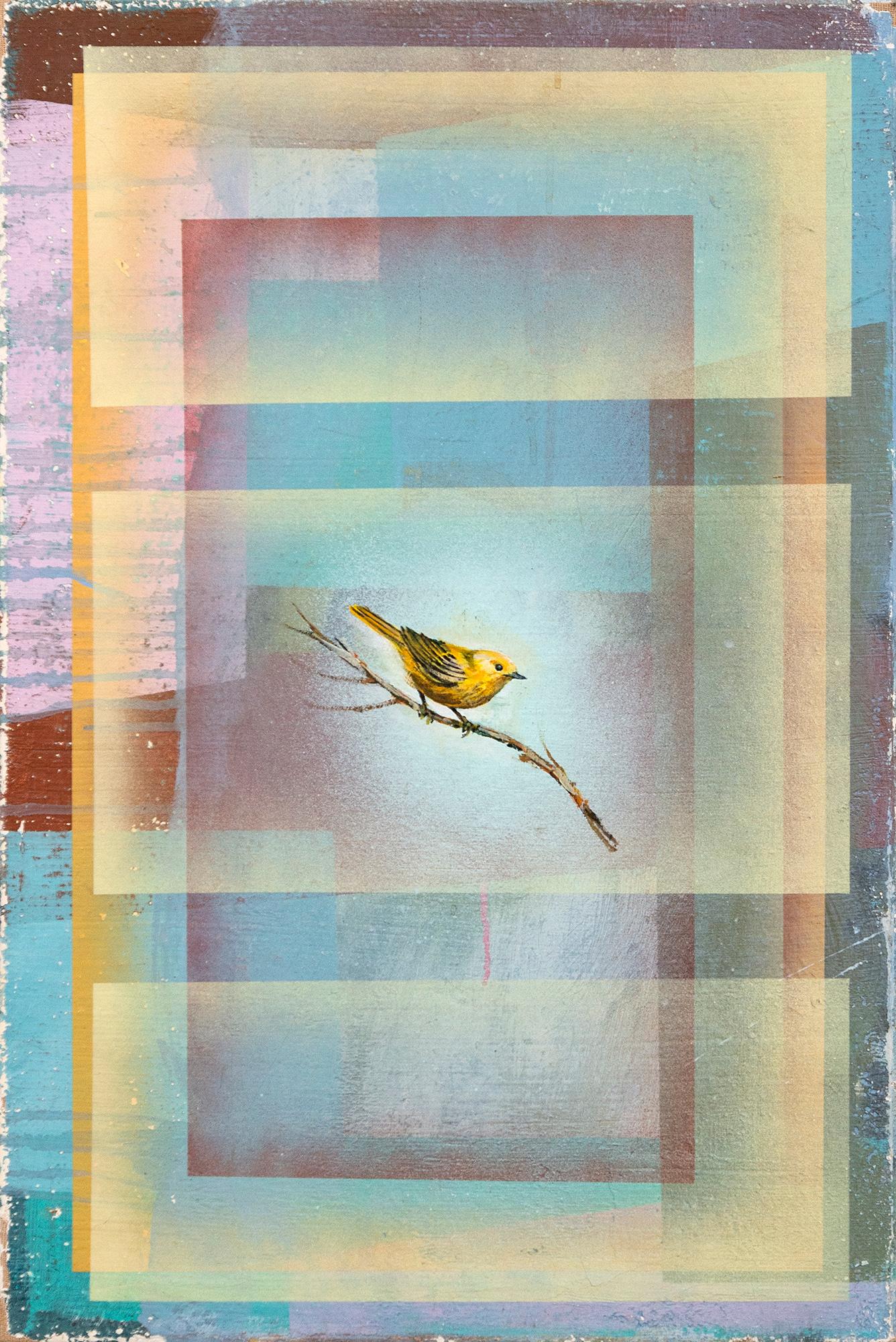 Yellow Finch - contemporary, figurative, bird, clay and pigment on jute