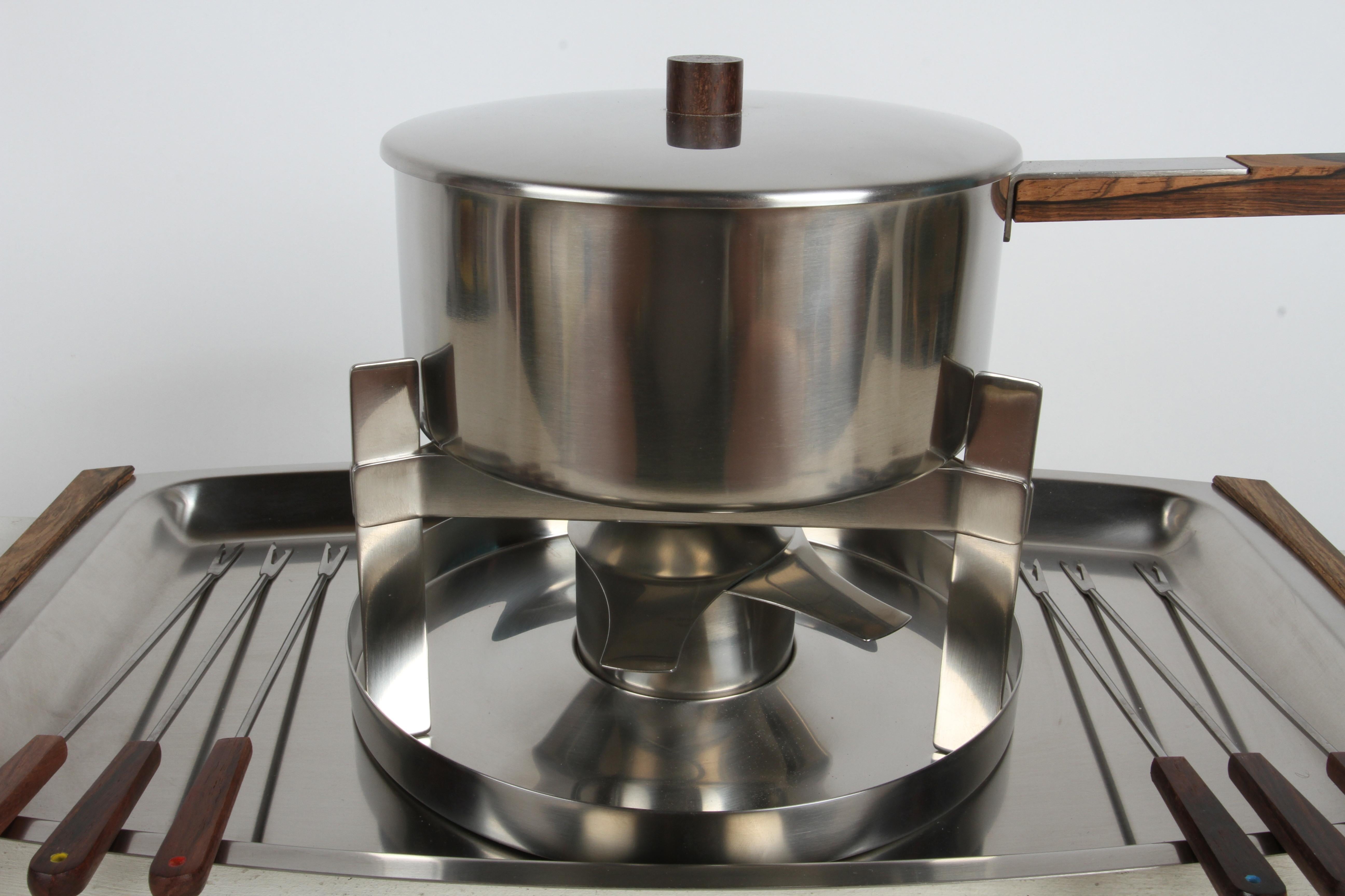 Scandinavian Modern Peter Holmblad Fondue set for Stelton Denmark Stainless Steel & Rosewood - NOS For Sale