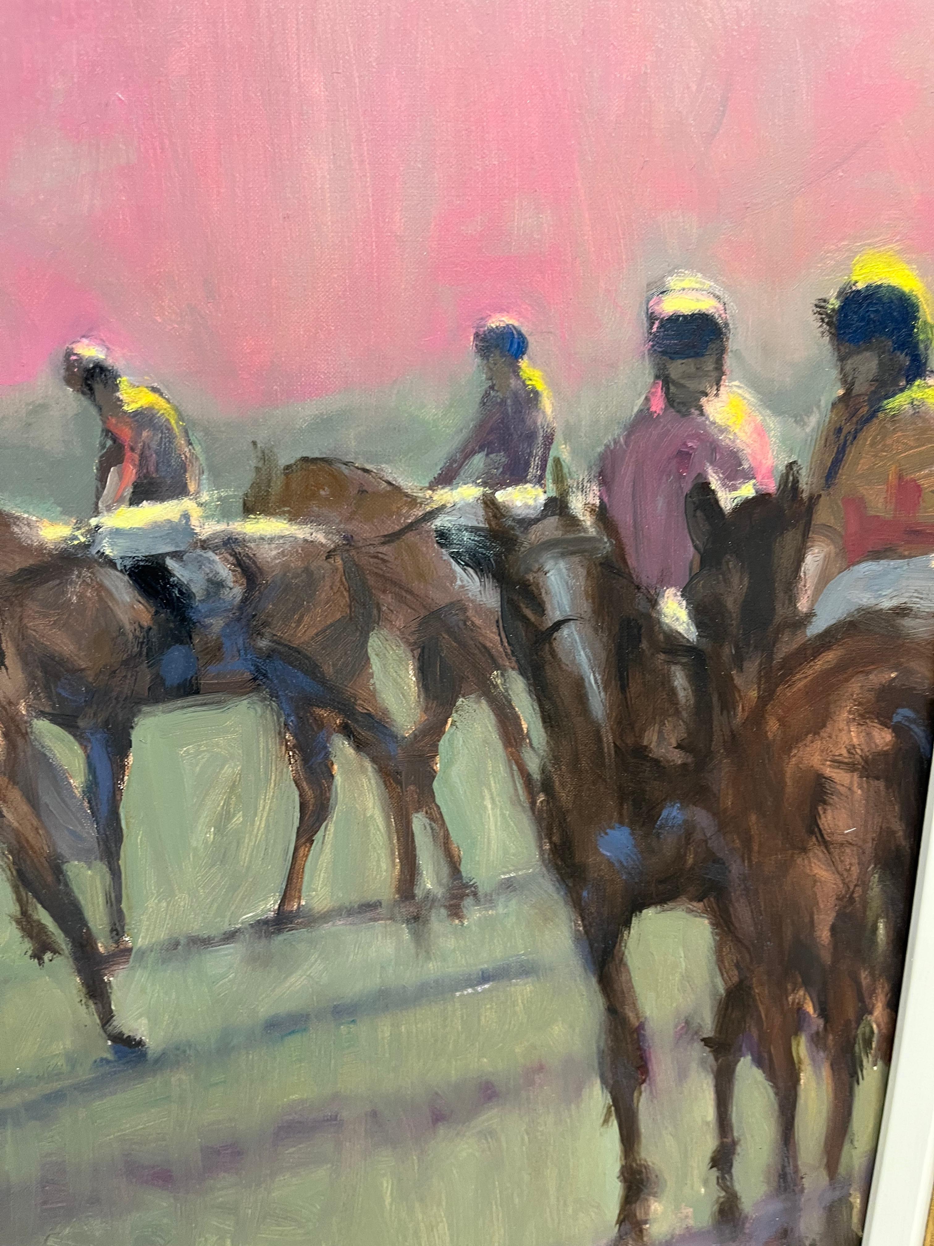 Peter Howell is a British artist who specializes in racing and steeplechase scenes. Here he shows racehorses as the horses head to the start of a European race with their jockeys.