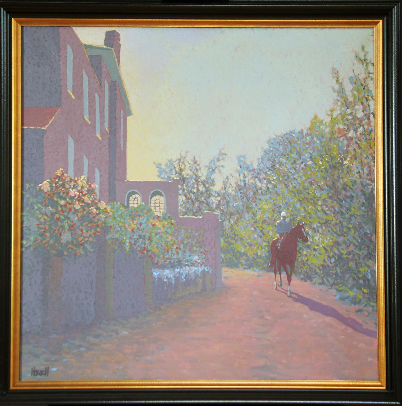 Peter howell Figurative Painting - Peter Howell, Single Horse Walking by House, Oil on Canvas 