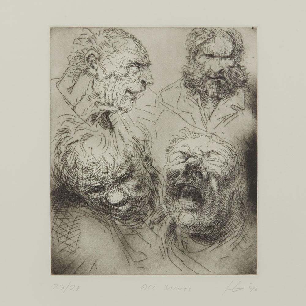 A Peter Howson limited edition framed print titled 'All Saints' from The Underground Series derived from quick sketches which he drew while travelling around London. The print is numbered 23 from an edition of 25 and each depicts a character named