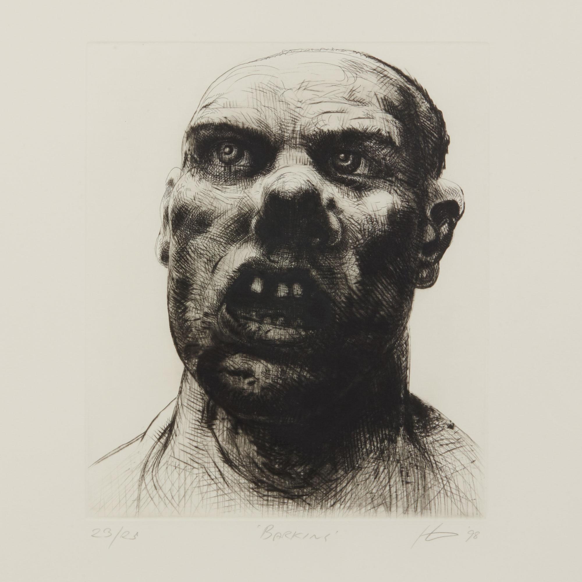 A Peter Howson limited edition framed print titled 'Barking' from The Underground Series derived from quick sketches which he drew while travelling around London. The print is numbered 23 from an edition of 25 and each depicts a character named