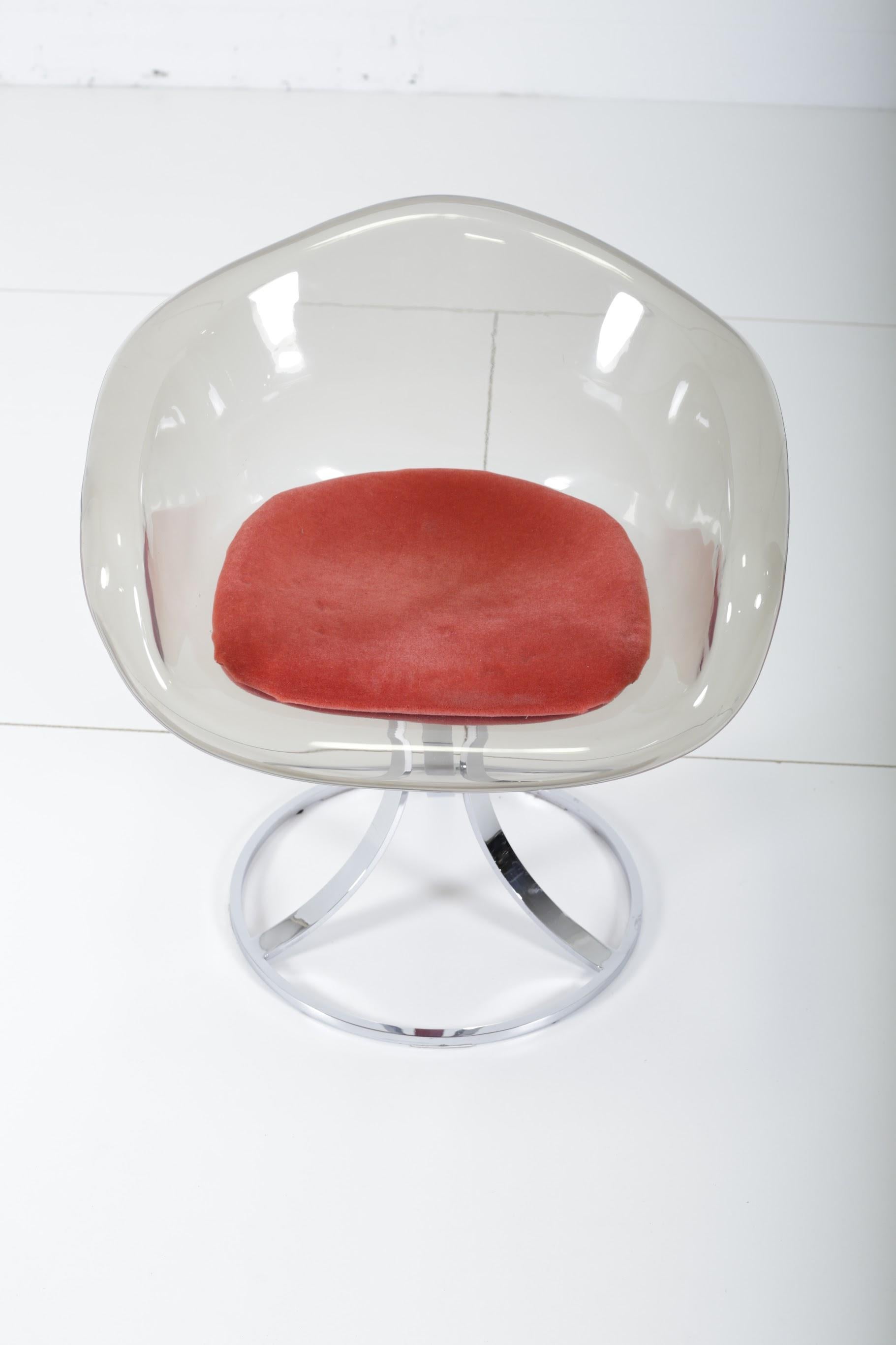 Lucite tulip chair by British designer, Peter Hoyte, circa 1968. Newer mohair upholstery in coral red color. Polished chrome base.