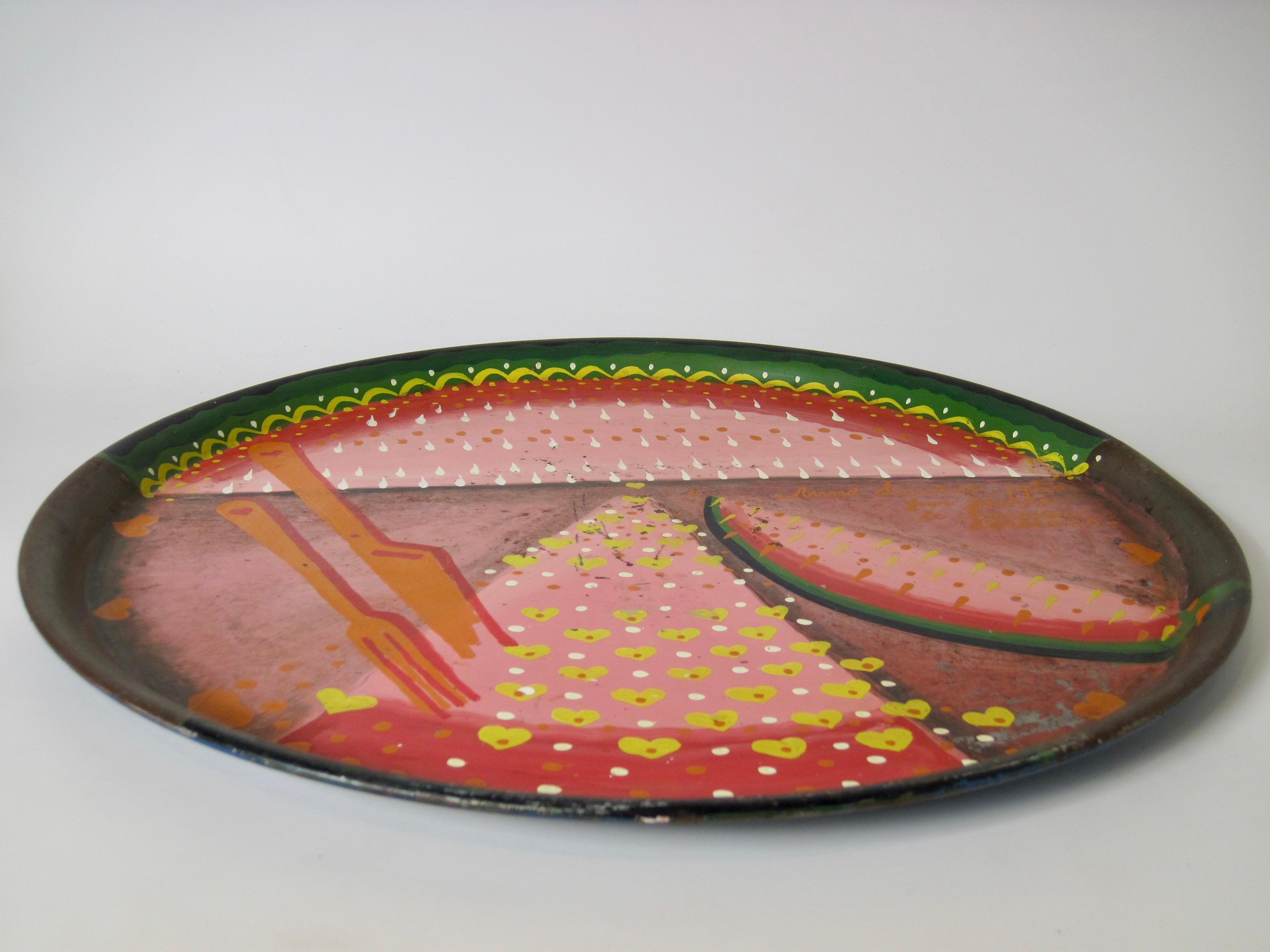 Large hand-painted watermelon metal tray by Massachusetts folk artist, Peter Hunt. 
Hand-signed on front anno domini 1960 par pierre le chasseur d'orleans. 
Hand signed on verso Welcome to Villa Fortuna ♡ Peter To Alice & Bob(?) Michal

Obvious use