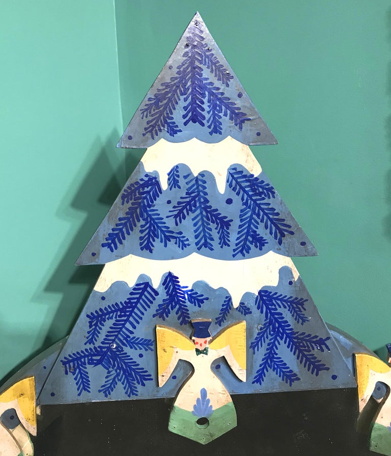 Peter Hunt Folk Art Painted Mirror with Snow Covered Tree and Angels at ...
