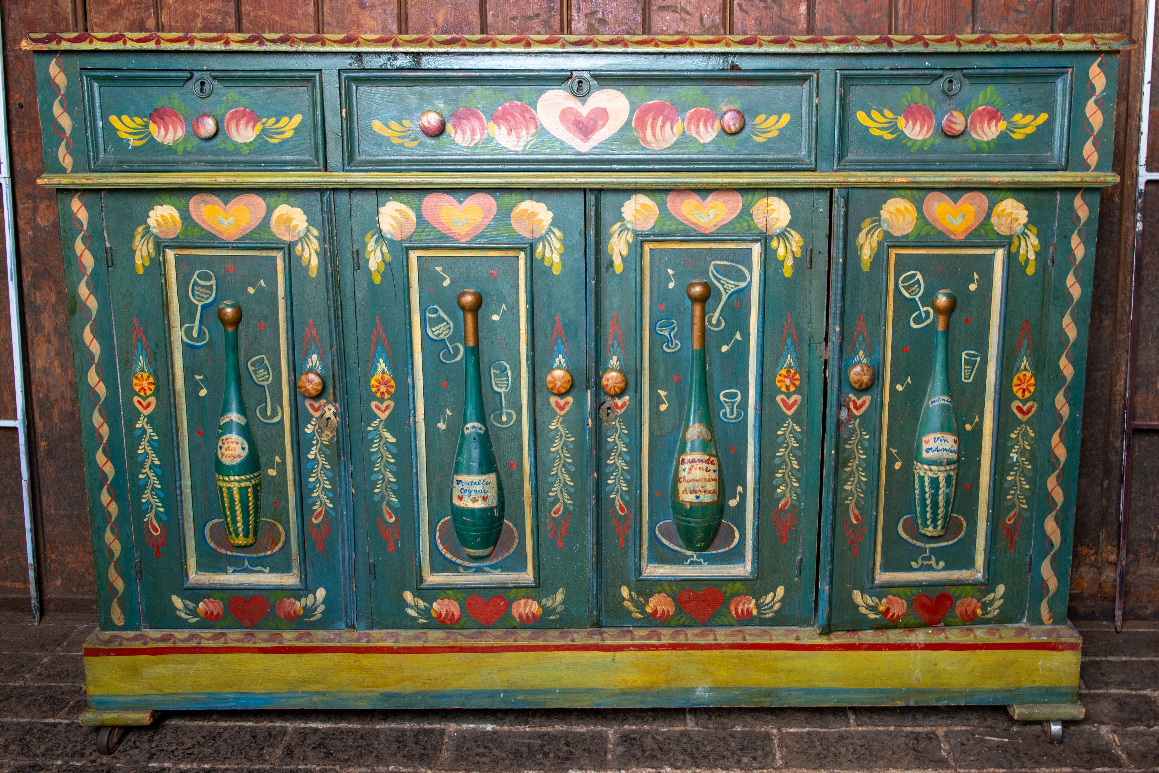 Folk Art Peter Hunt Hand-Painted and Decorated Bar Cabinet For Sale