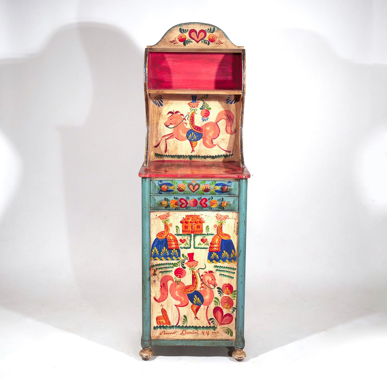 Peter Hunt hand-painted step-back cupboard, cabinet, Cape Cod, 1944; With overall paint decoration, with two doors over a cabinet door, inscribed and dated 