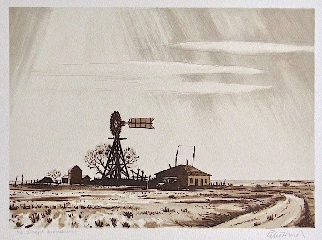 DUSTY WINDMILL Signed Lithograph, Ranch House, Wood Windmill, Sepia Brown - Print by Peter Hurd