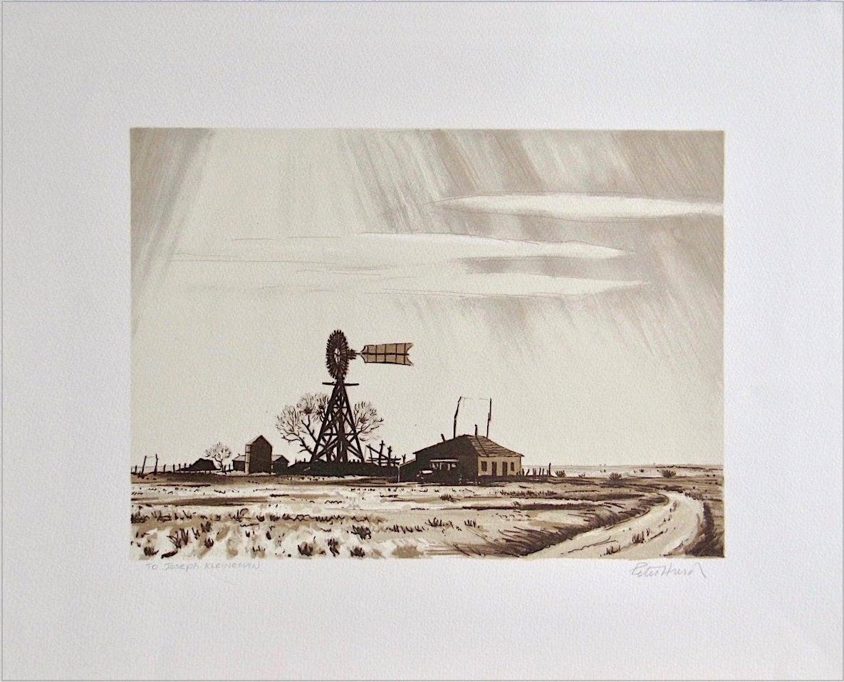 DUSTY WINDMILL Signed Lithograph, Ranch House, Wood Windmill, Sepia Brown