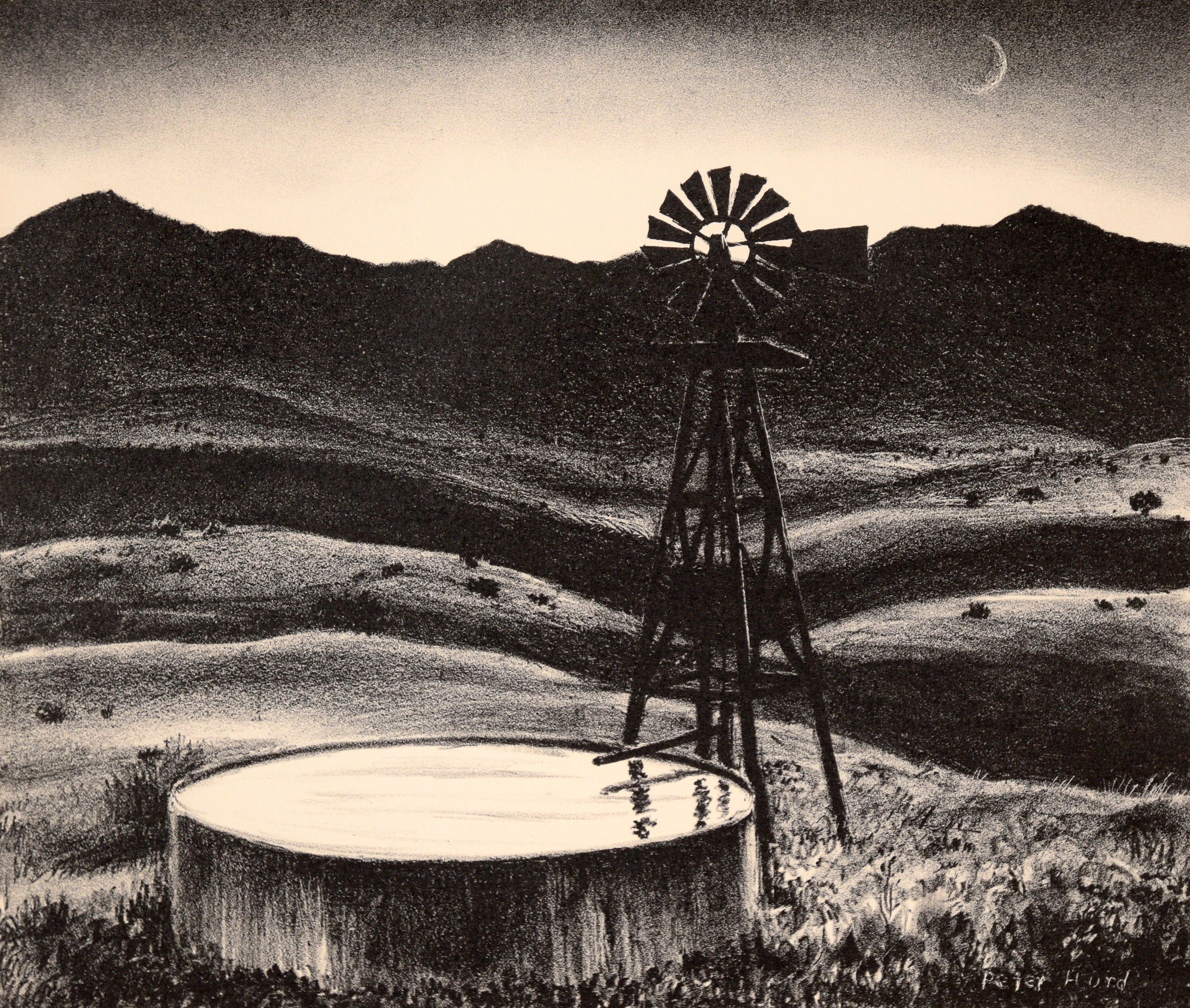 Windmill And Well At Dusk - Lithographie vintage originale - Print de Peter Hurd