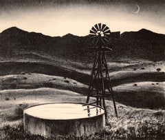 Windmill And Well At Dusk - Original Vintage Lithograph
