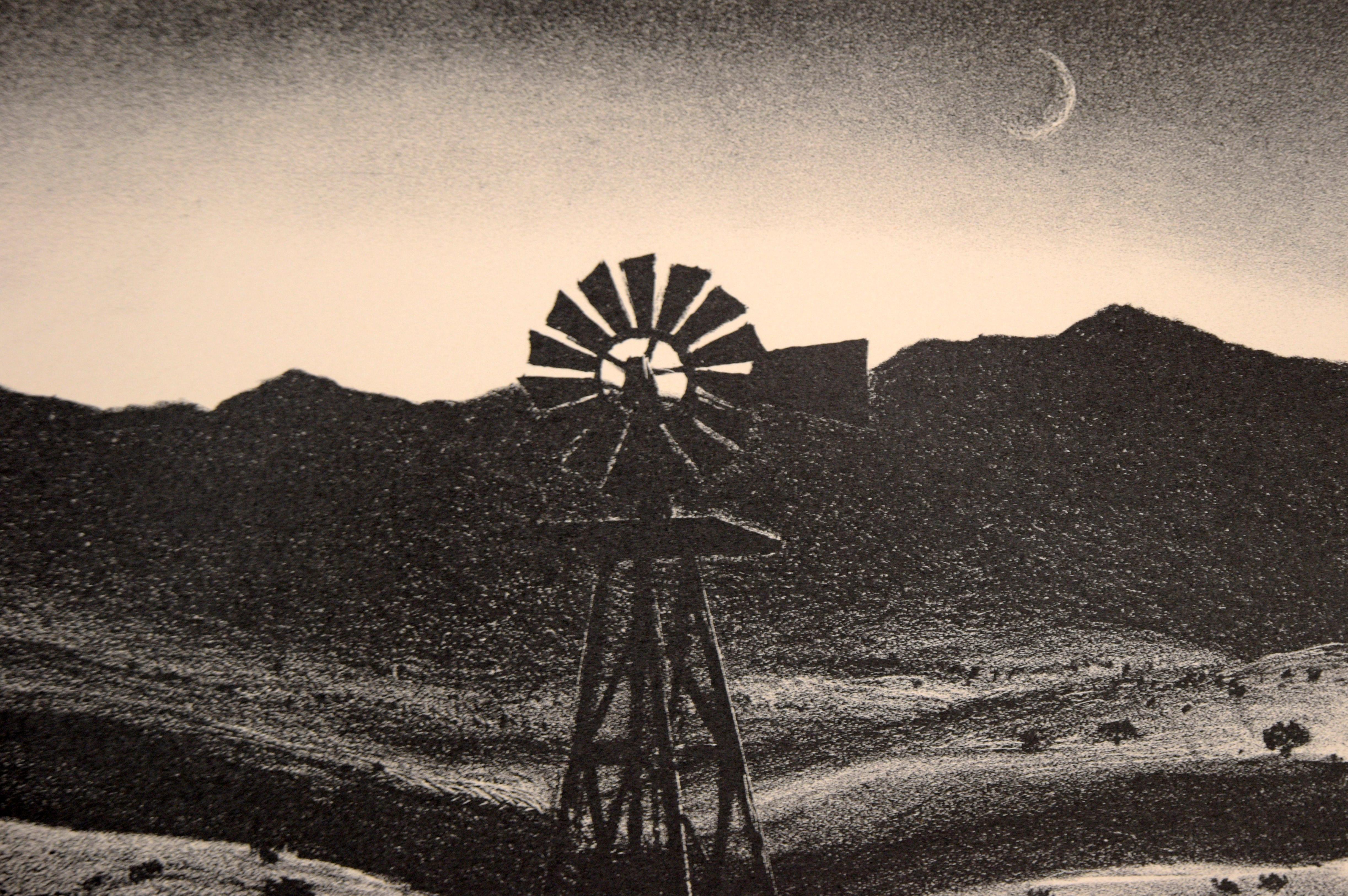 Windmill And Well At Dusk - Lithographie vintage originale - Impressionnisme américain Print par Peter Hurd