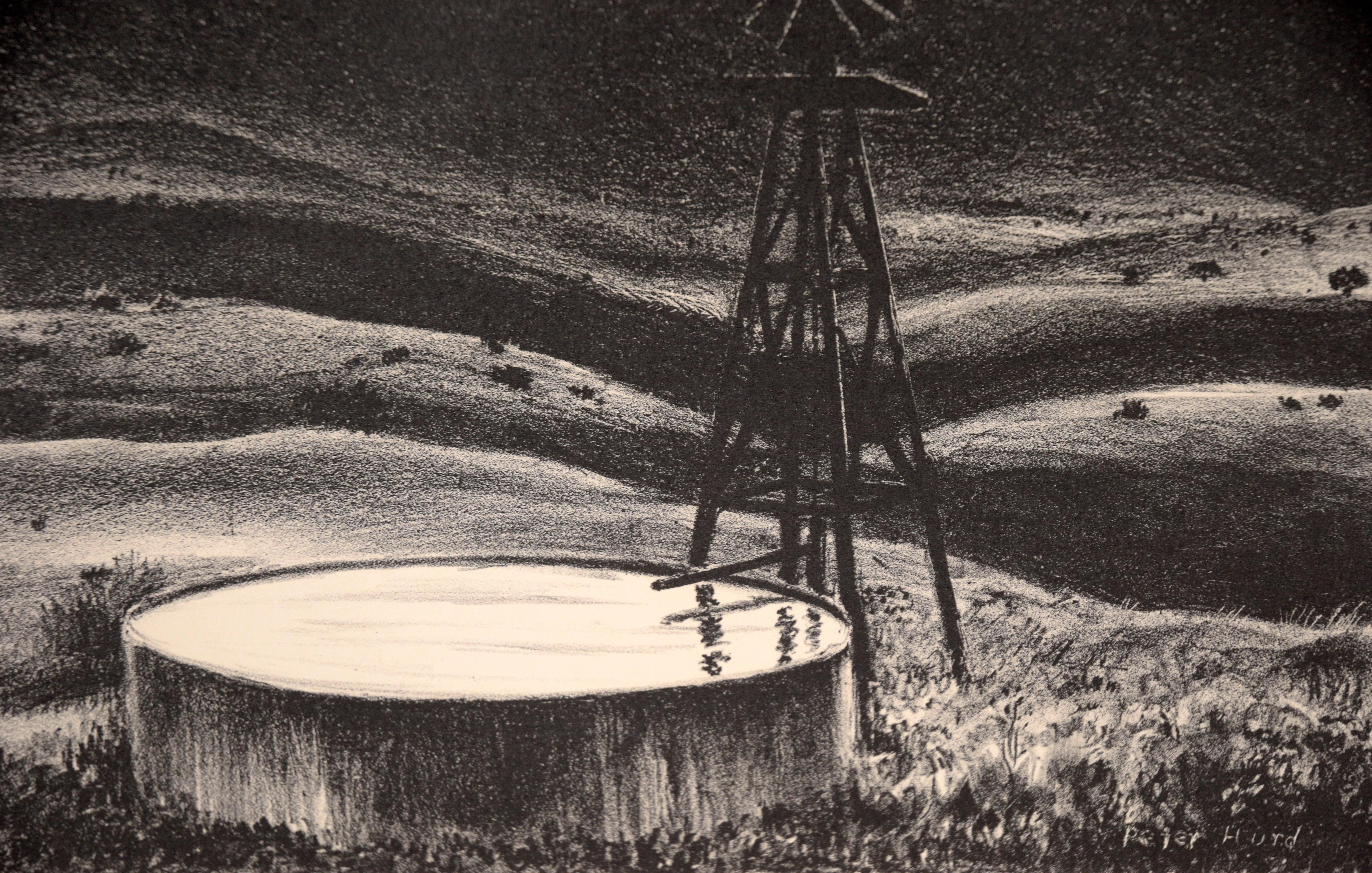 Windmill And Well At Dusk - Lithographie vintage originale

Lithographie originale vintage en noir et blanc d'un moulin à vent et d'un puits au crépuscule par Peters Hurd (américain, 1904-1984). 
Le spectateur contemple le désert du Nouveau-Mexique,