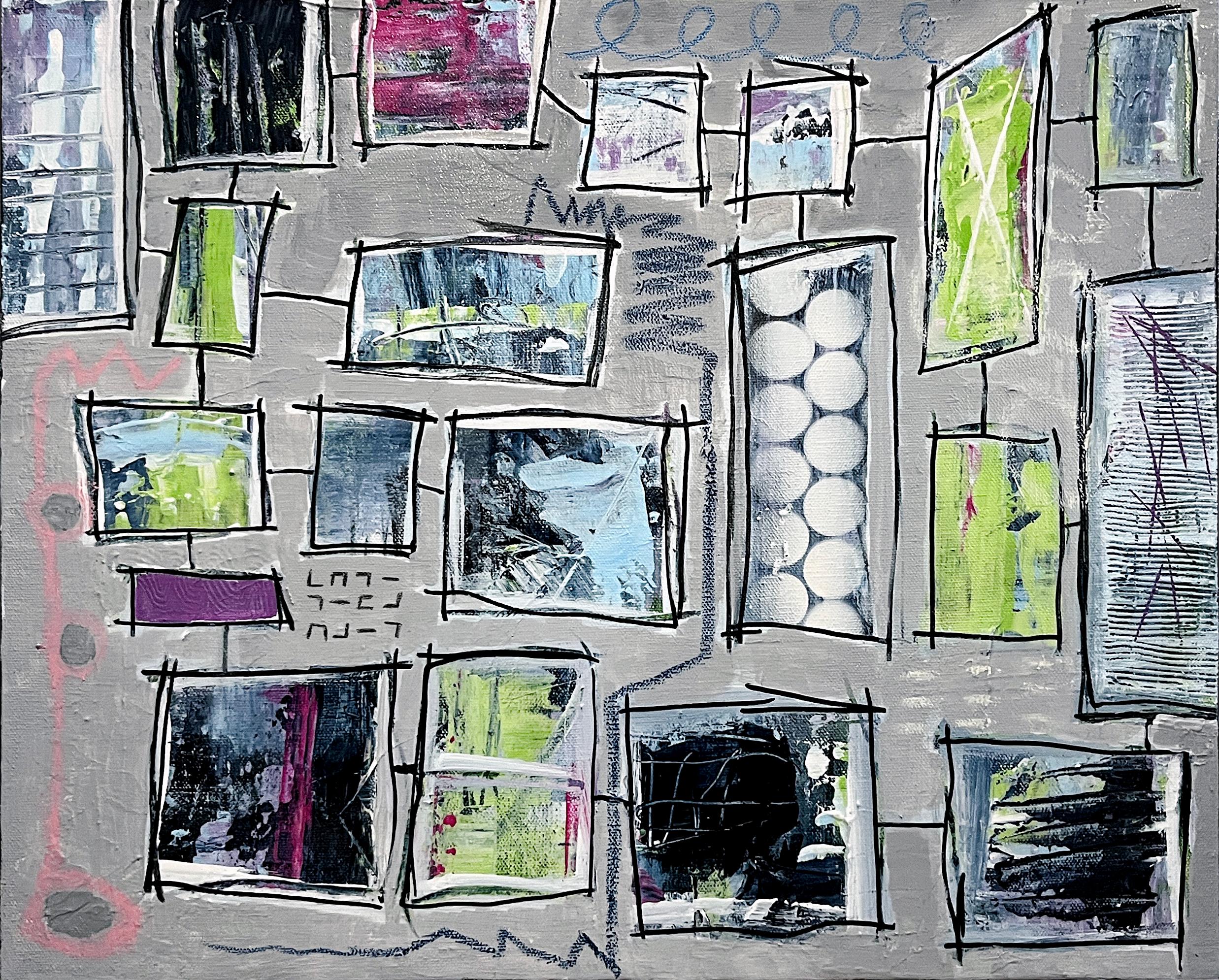 Peter Husband Onto It, abstract in acrylic paint, oil pastel and spray paint on canvas For