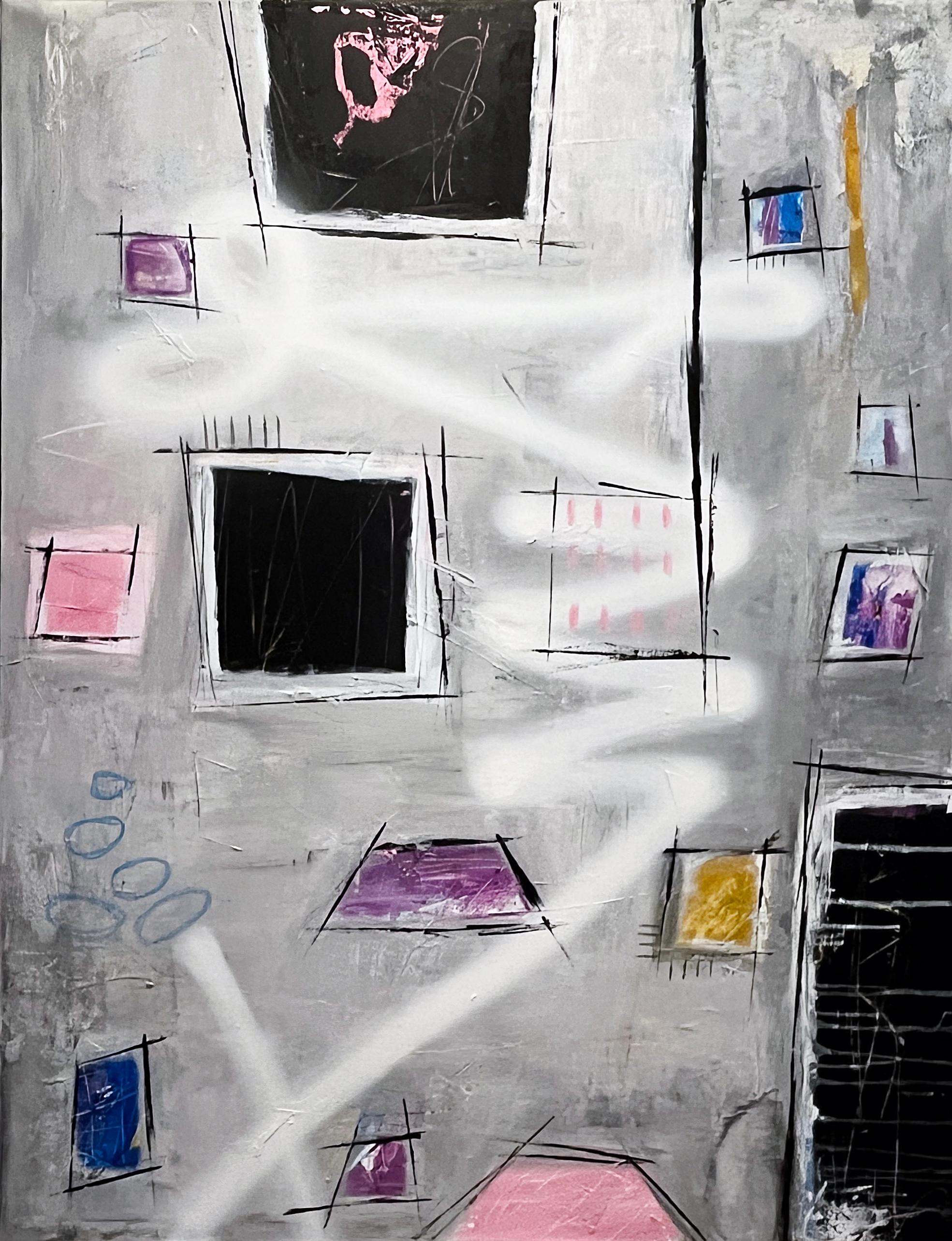 Abstract Painting di Peter Husband - Disconnesso, astratto in pittura acrilica, pastello a olio e vernice spray su tela