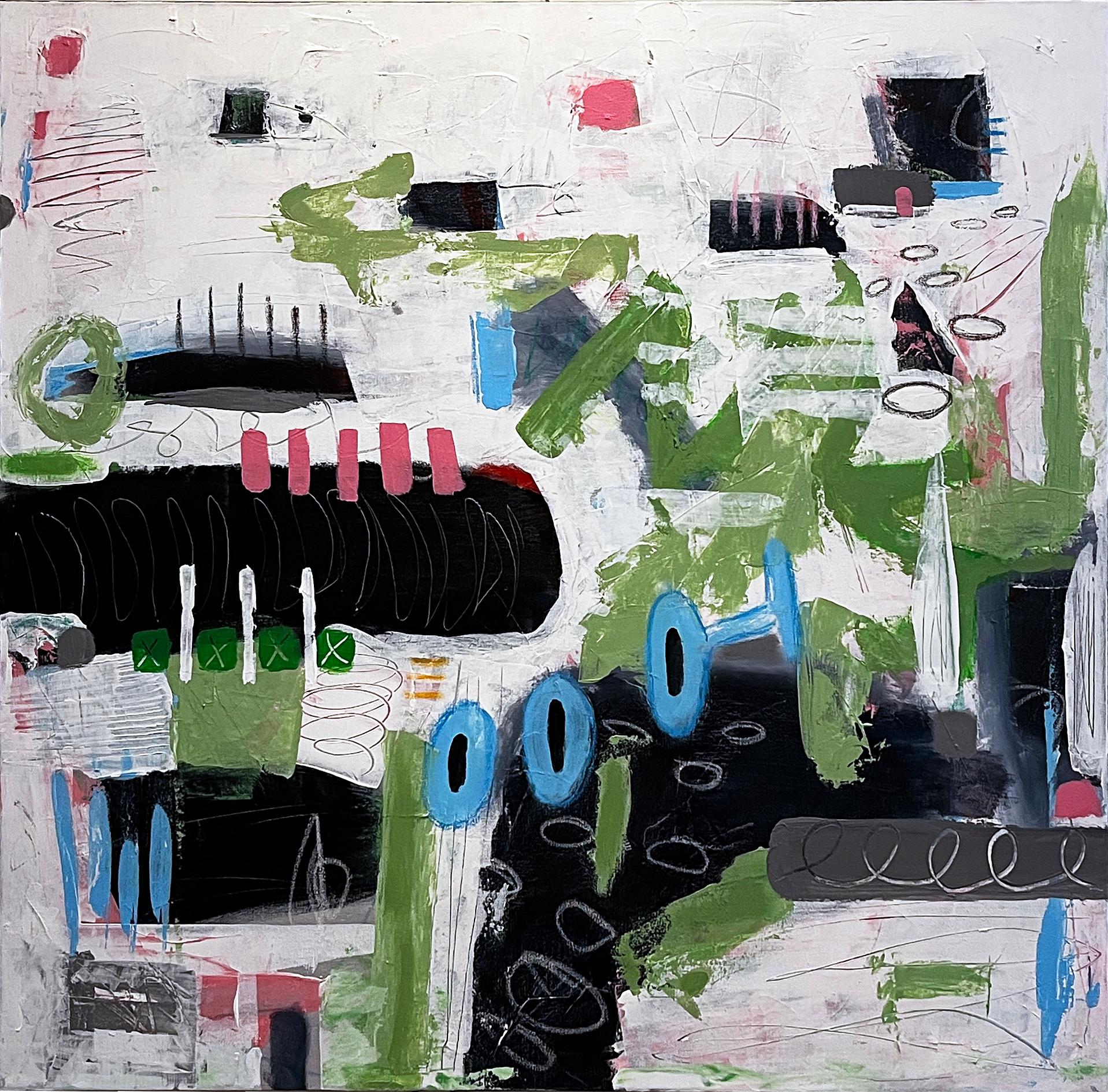 Peter Husband Abstract Painting - Level Up, abstract in acrylic paint, oil pastel and modeling paste on canvas