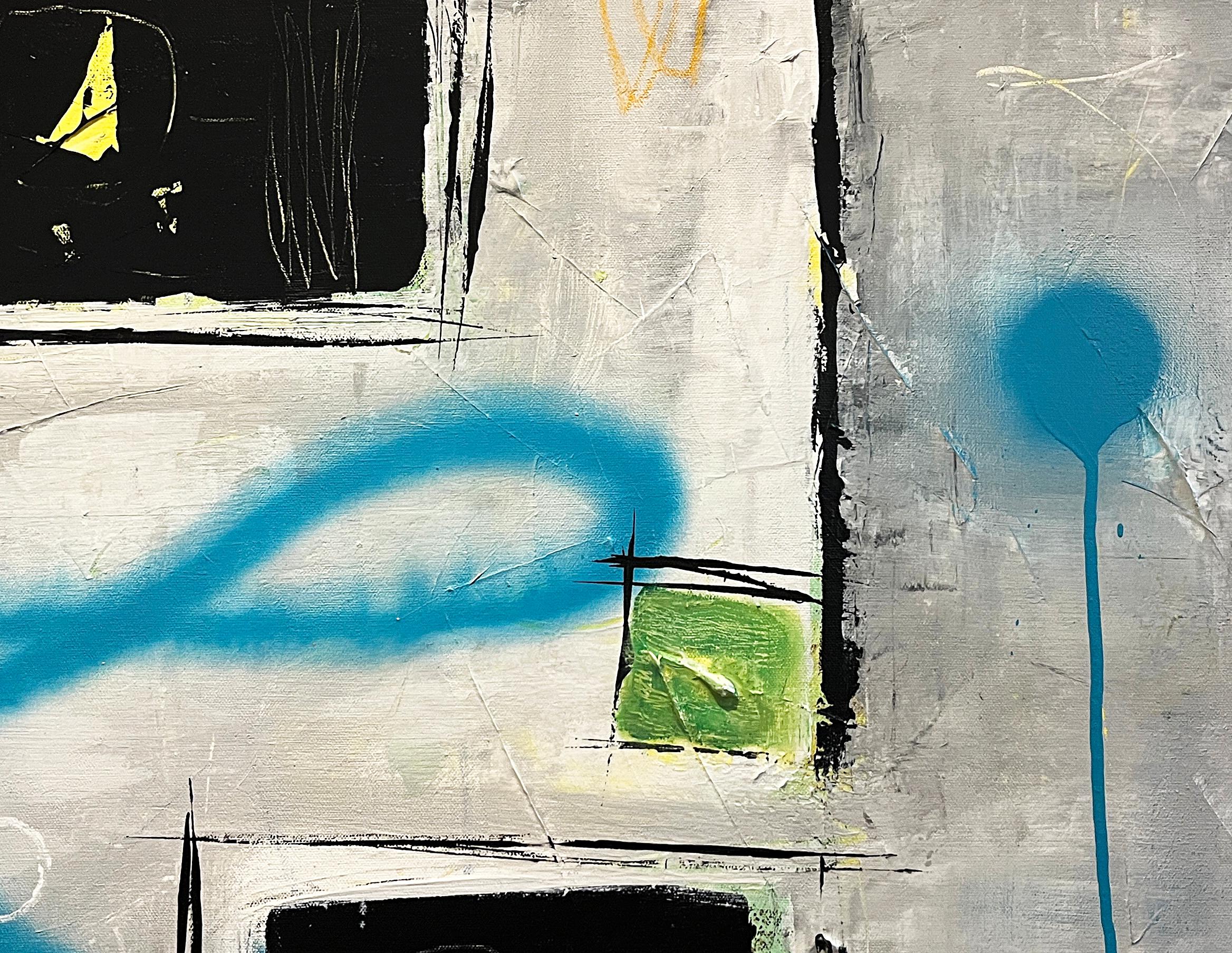 Onto It, abstract in acrylic paint, oil pastel and spray paint on canvas - Painting by Peter Husband