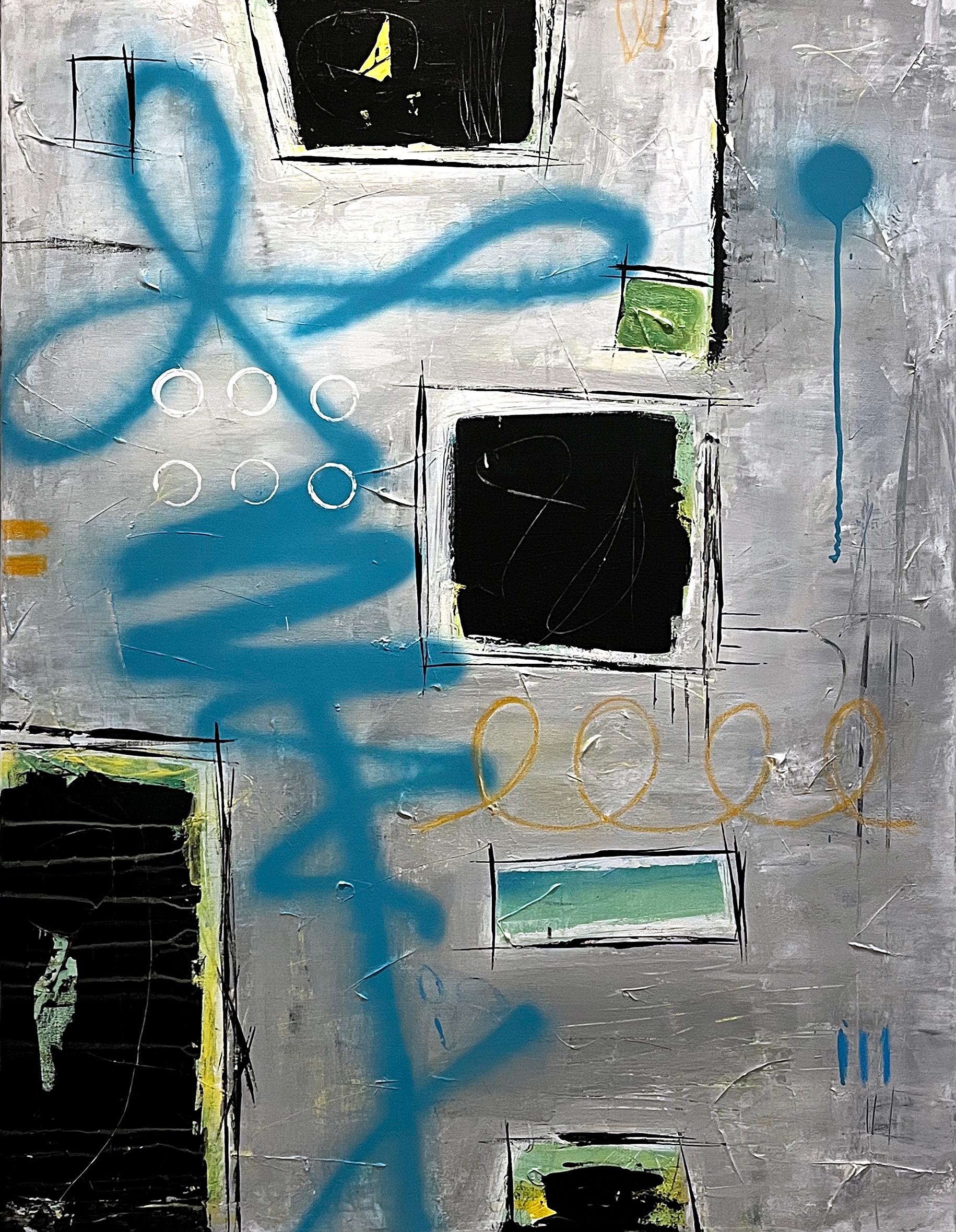 Peter Husband Abstract Painting - Onto It, abstract in acrylic paint, oil pastel and spray paint on canvas